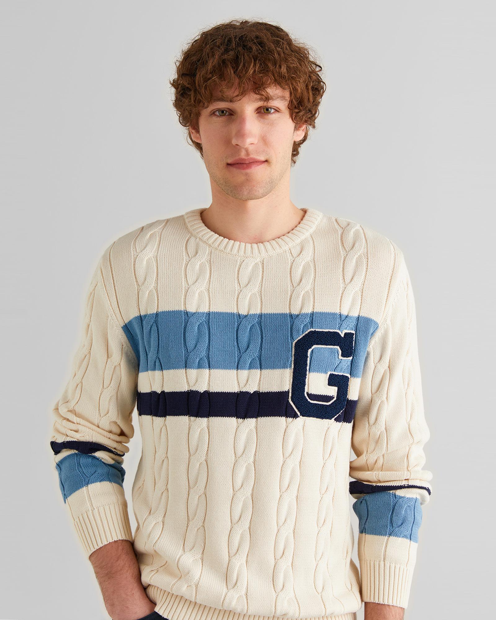 GANT Erkek Krem Relaxed Fit Bisiklet Yaka Renk Bloklu Örgü Kazak