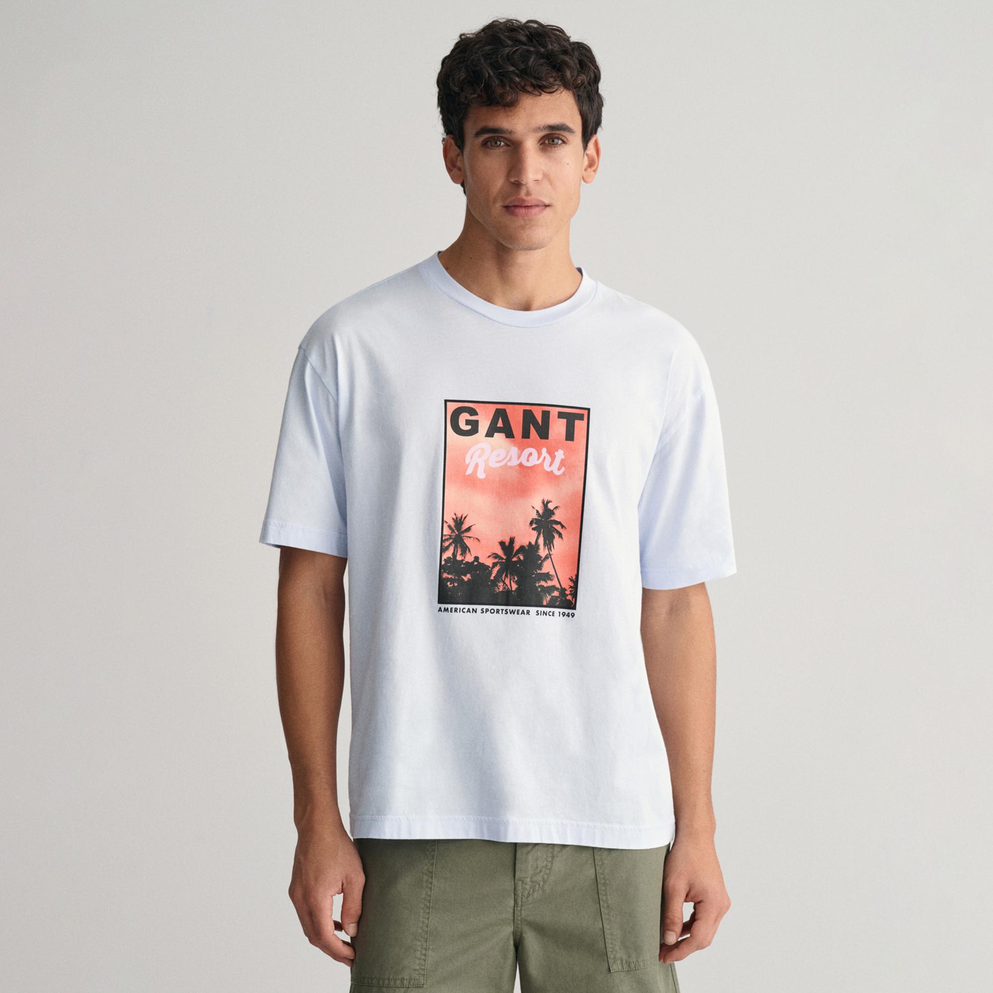 GANT Erkek Mavi Regular Fit Bisiklet Yaka Baskılı T-shirt