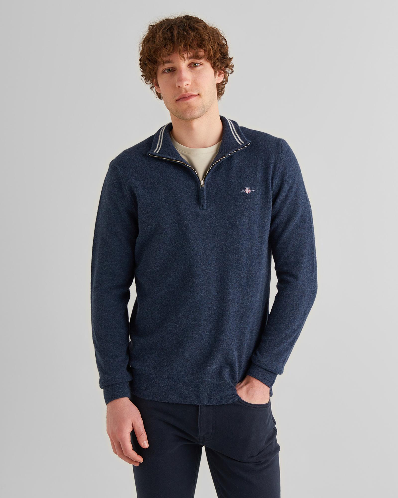 GANT Erkek Lacivert Regular Fit Yarım Fermuarlı Yün Kazak