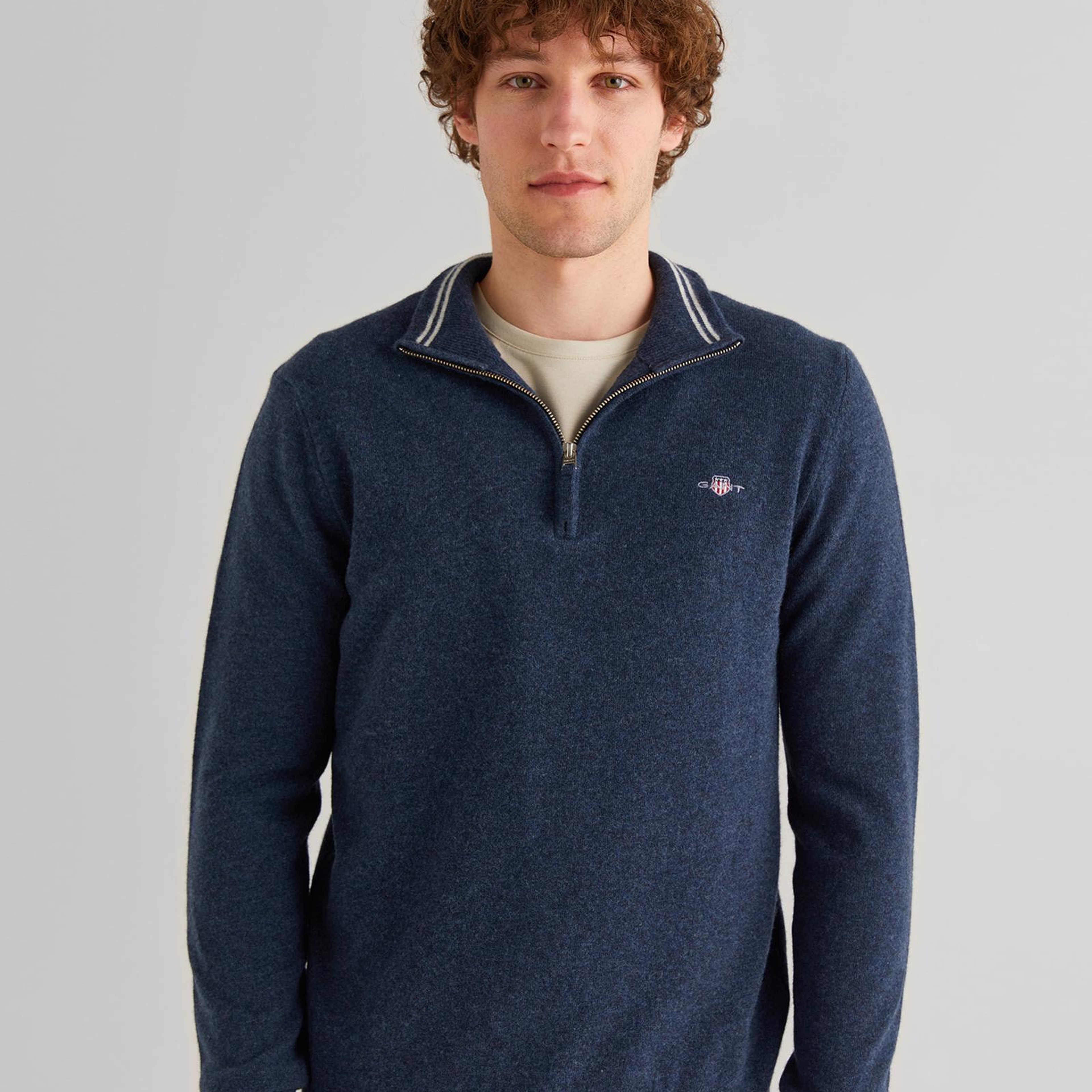 GANT Erkek Lacivert Regular Fit Yarım Fermuarlı Yün Kazak