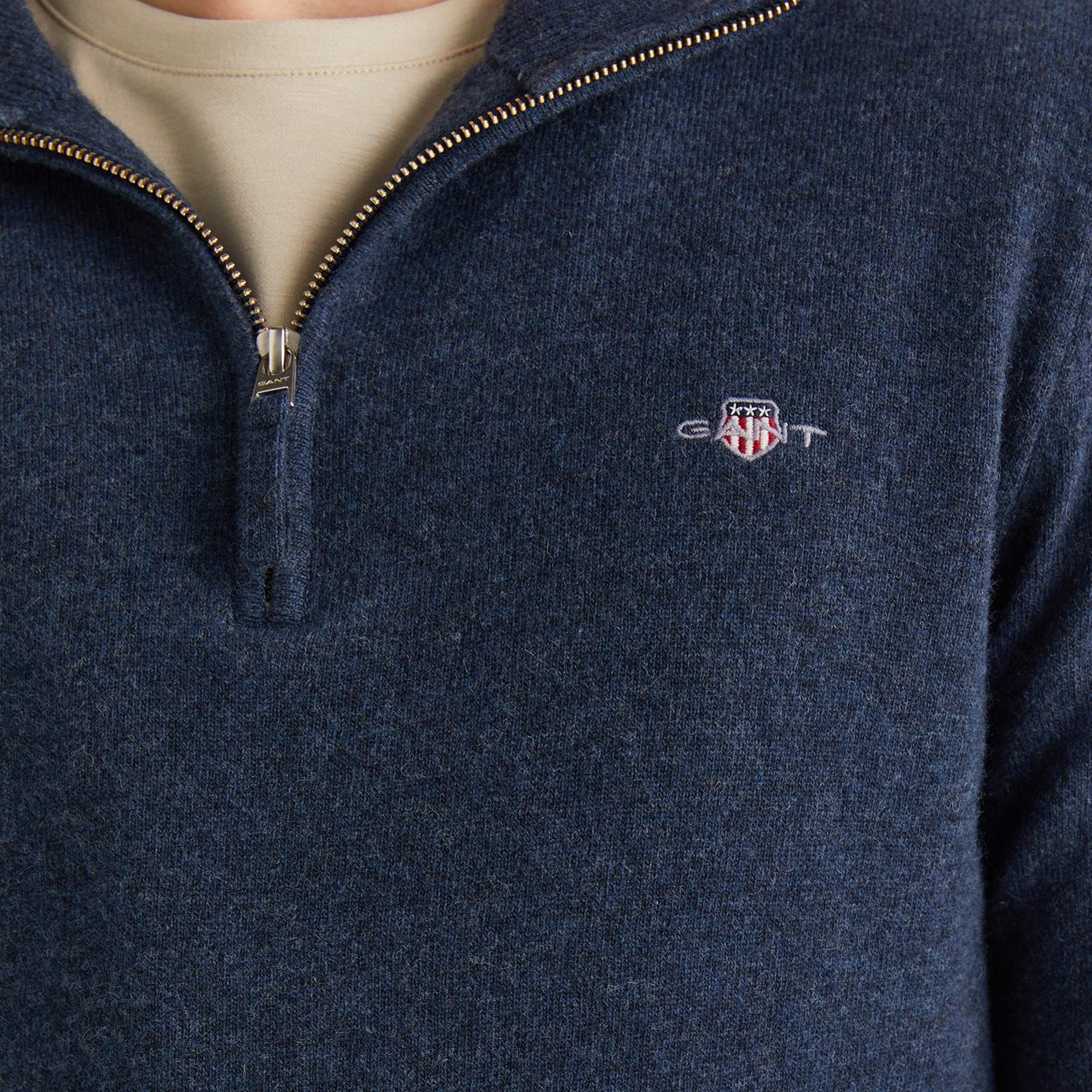 GANT Erkek Lacivert Regular Fit Yarım Fermuarlı Yün Kazak