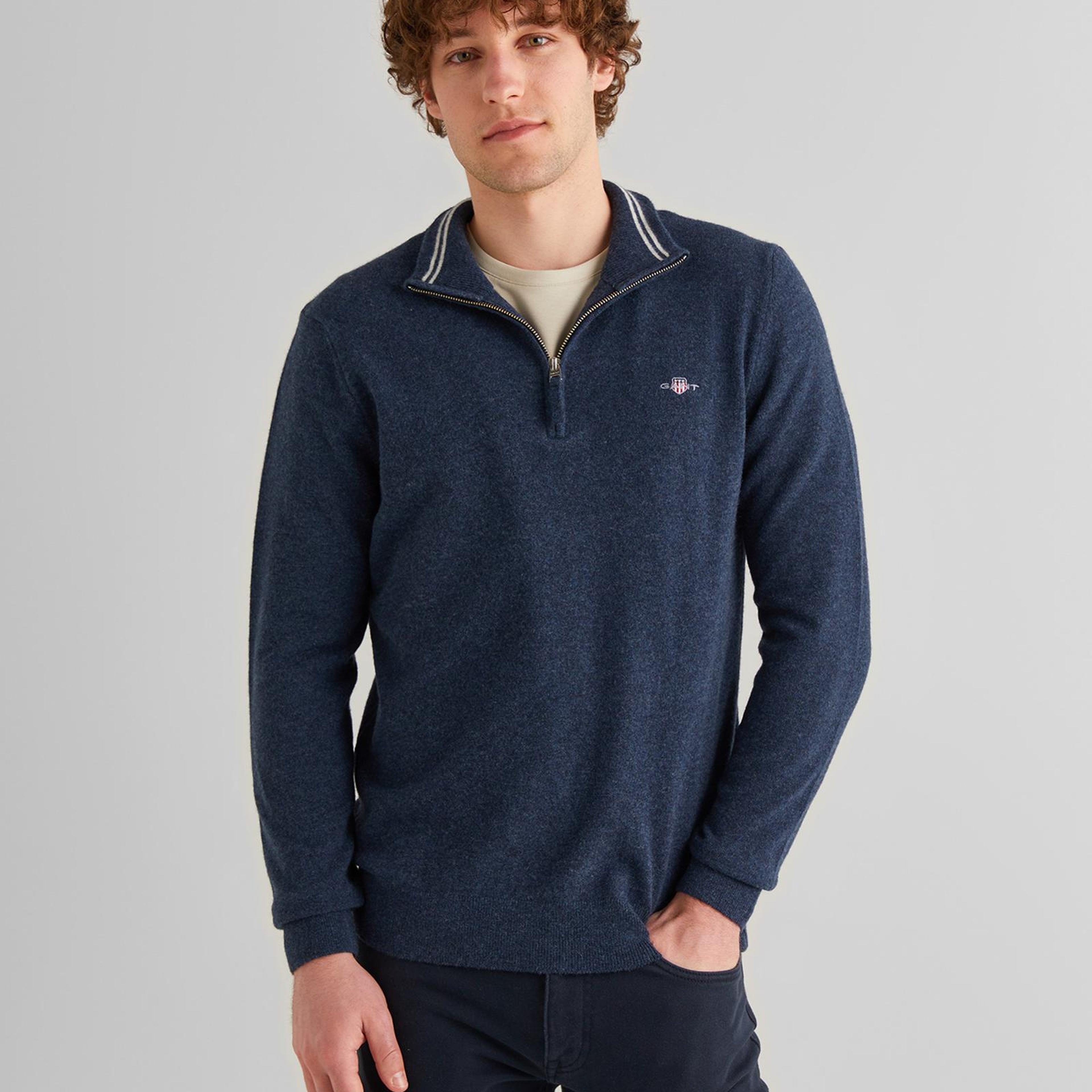 GANT Erkek Lacivert Regular Fit Yarım Fermuarlı Yün Kazak