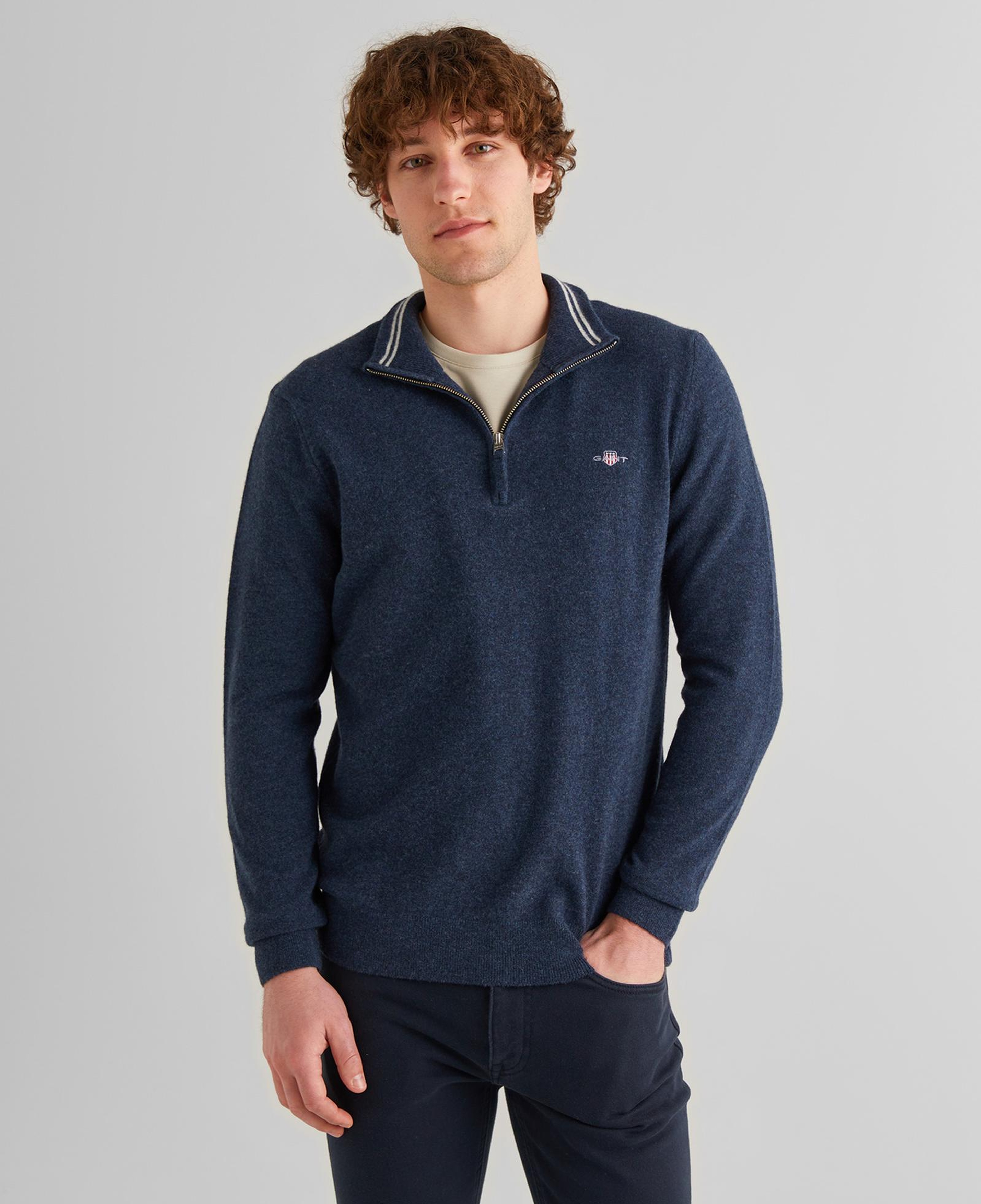 GANT Erkek Lacivert Regular Fit Yarım Fermuarlı Yün Kazak