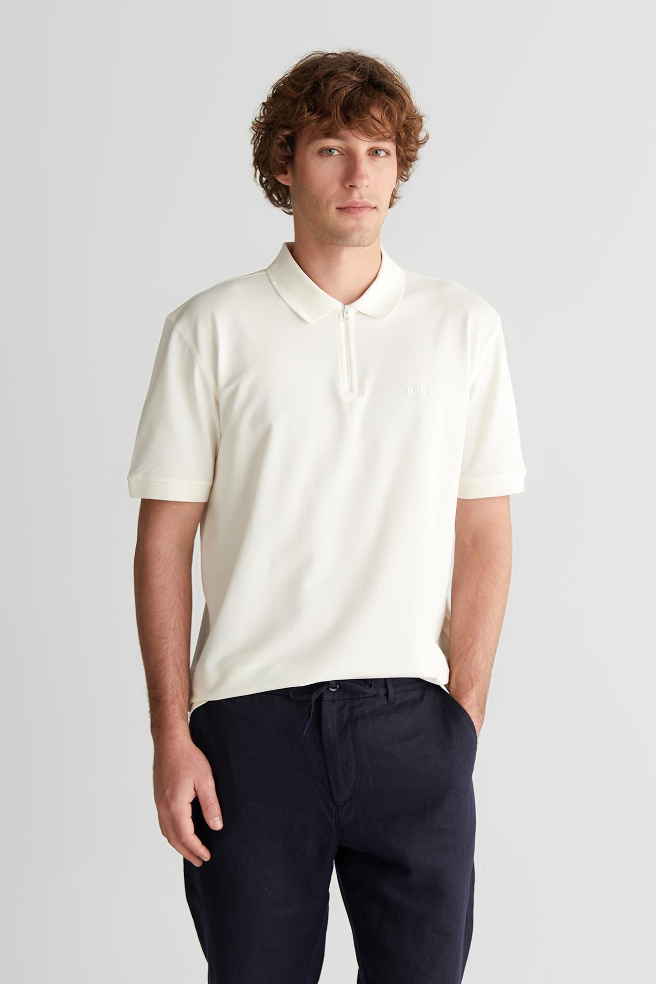 GANT Erkek Beyaz Regular Fit Yarım Fermuarlı Baskılı Polo Yaka T-Shirt
