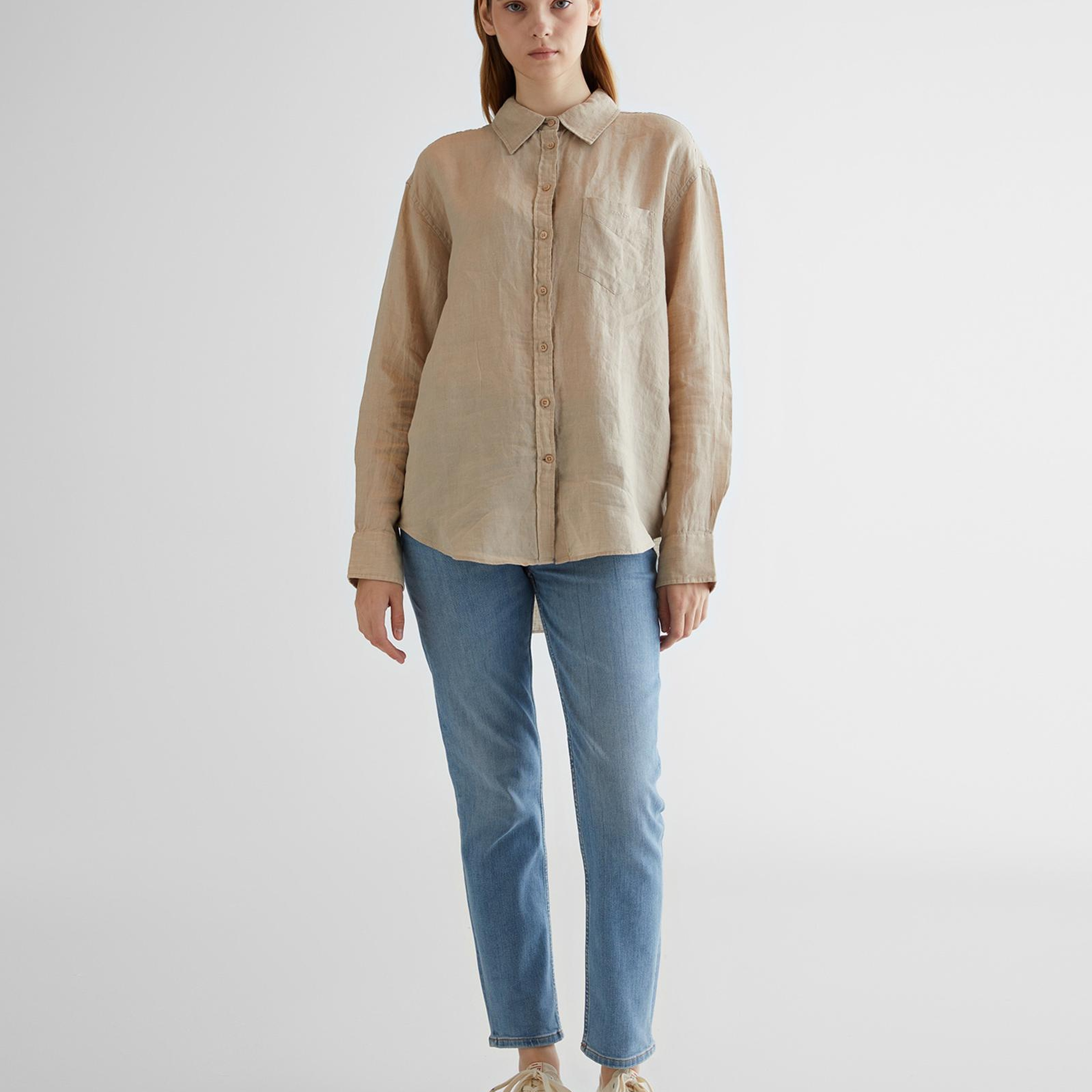 GANT Kadın Bej Relaxed Fit Klasik Yaka Keten Gömlek