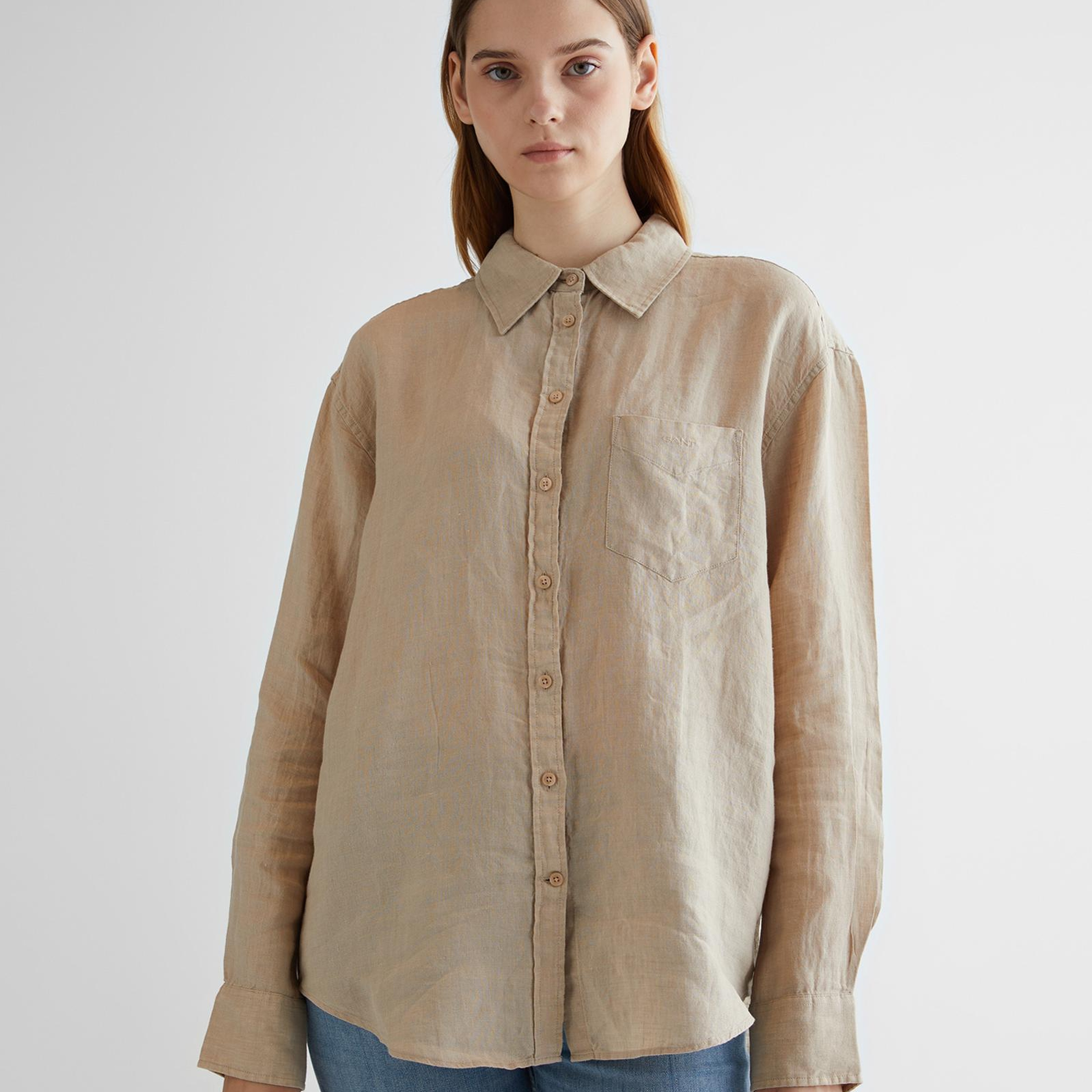 GANT Kadın Bej Relaxed Fit Klasik Yaka Keten Gömlek