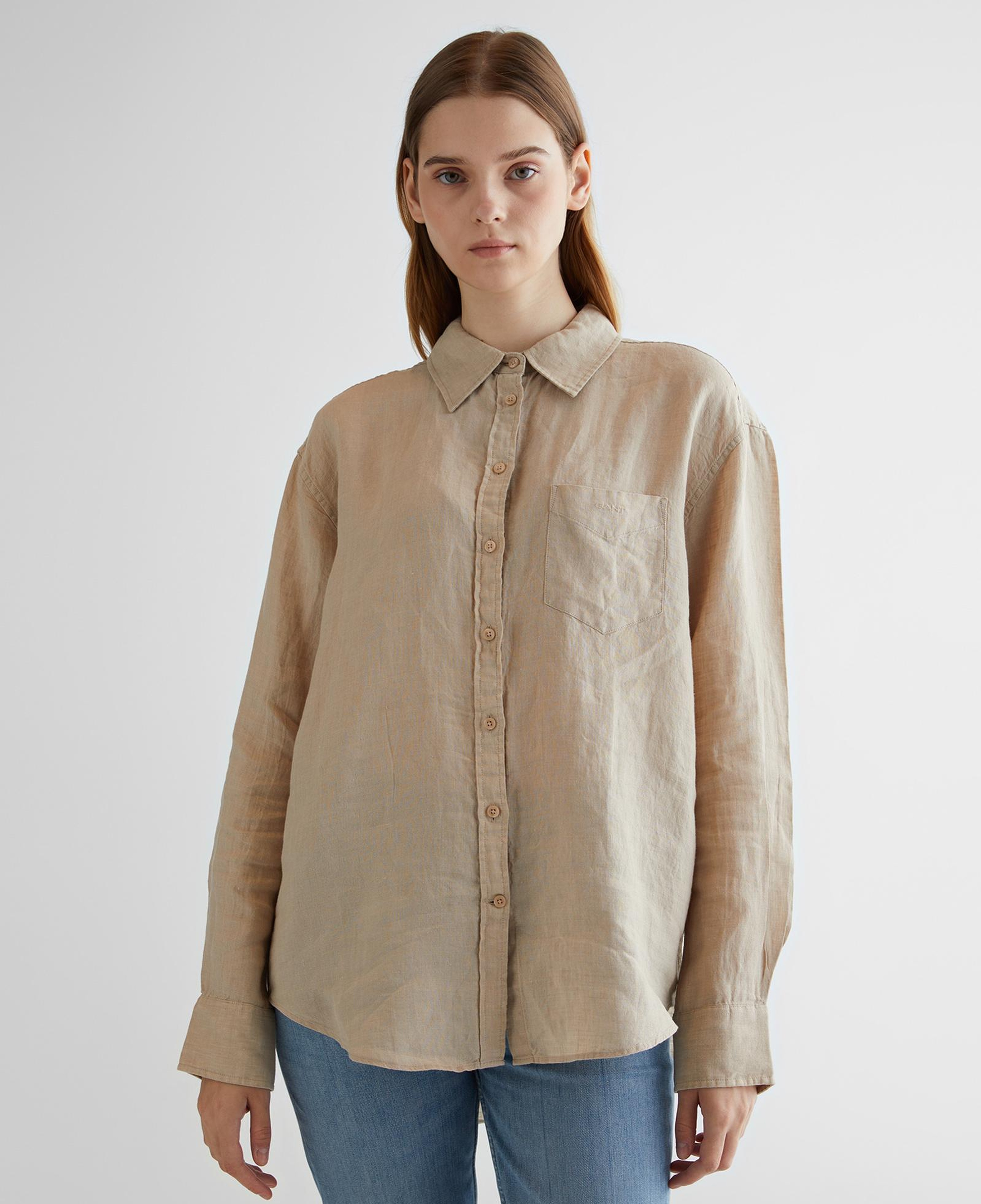 GANT Kadın Bej Relaxed Fit Klasik Yaka Keten Gömlek