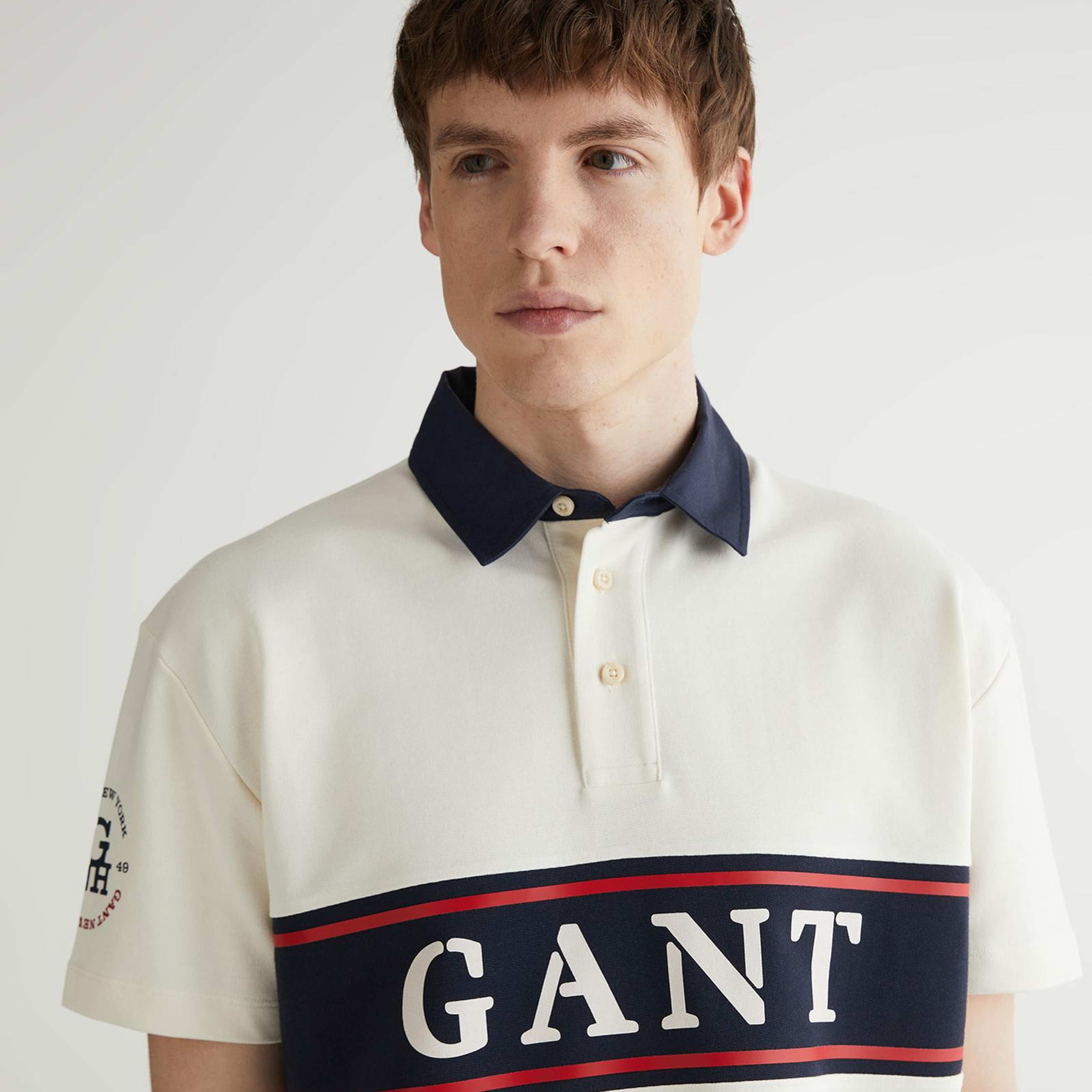 Erkek Krem Oversize Fit Renk Bloklu Logolu Polo