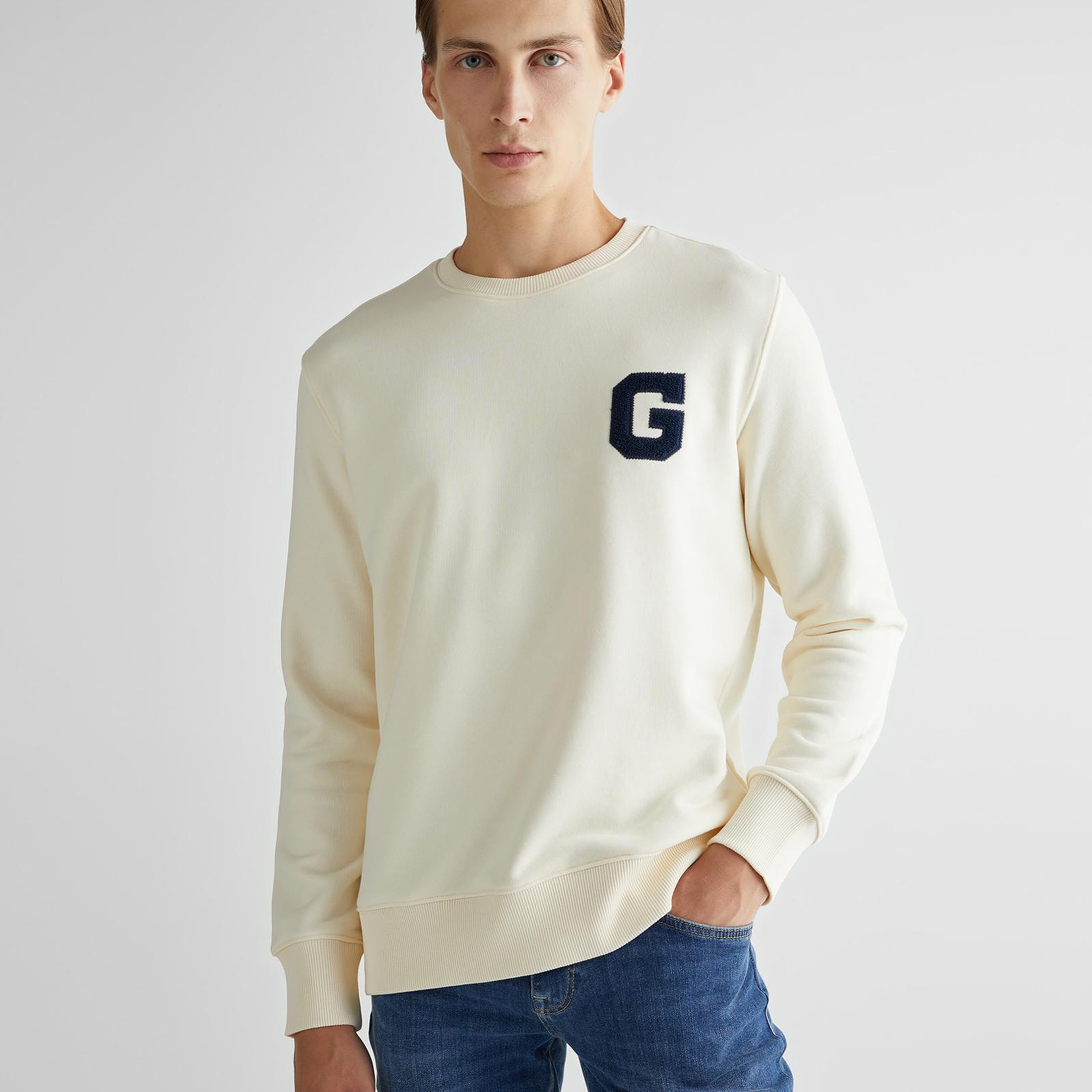 GANT Erkek Krem Regular Fit Bisiklet Yaka Logolu Sweatshirt