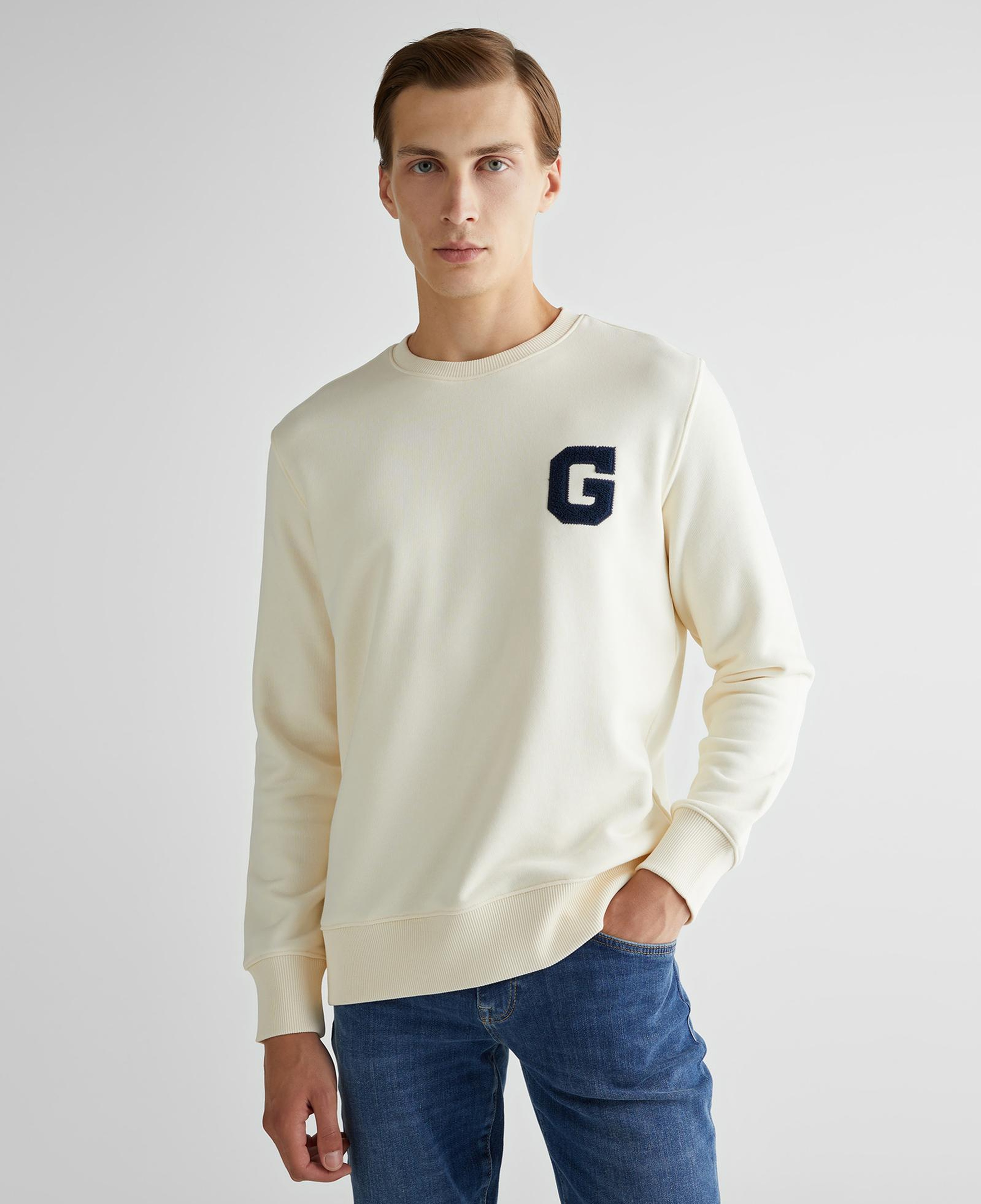 GANT Erkek Krem Regular Fit Bisiklet Yaka Logolu Sweatshirt