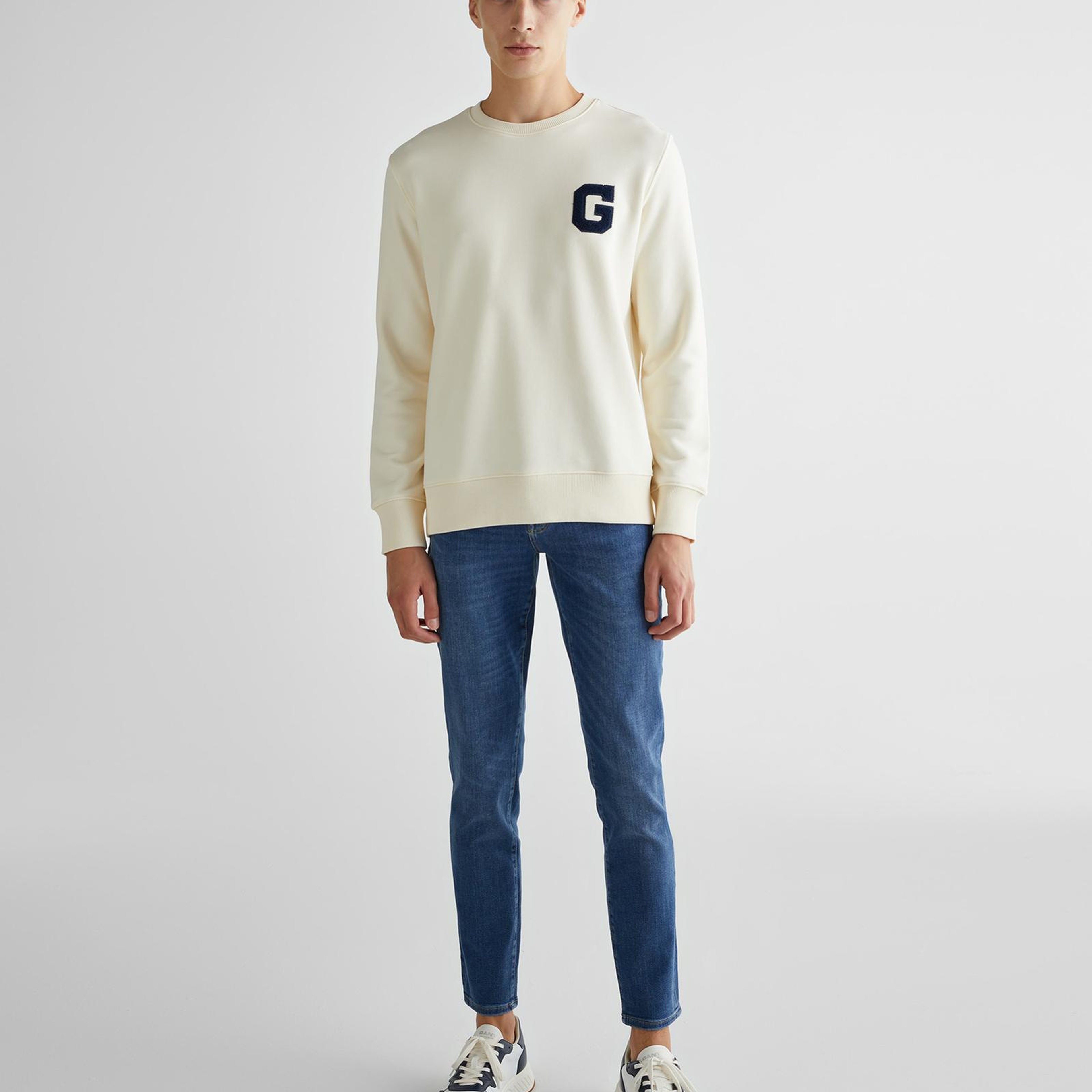 GANT Erkek Krem Regular Fit Bisiklet Yaka Logolu Sweatshirt