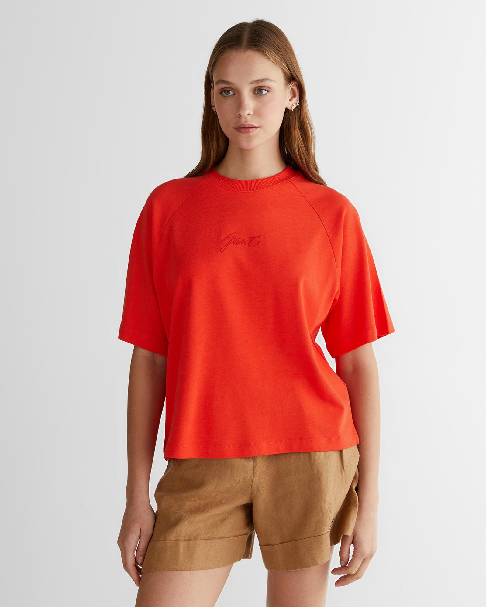 GANT Kadın Kırmızı Bisiklet Yaka Logolu T-Shirt