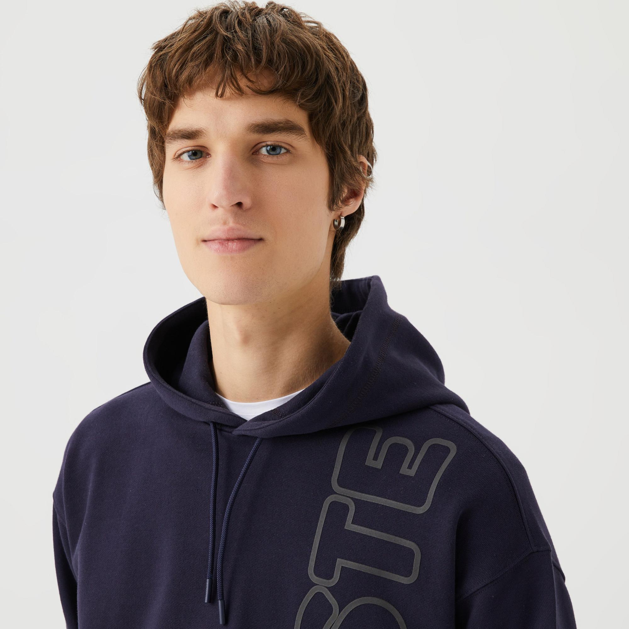 Unisex Relax Fit Kapüşonlu Baskılı Lacivert Sweatshirt