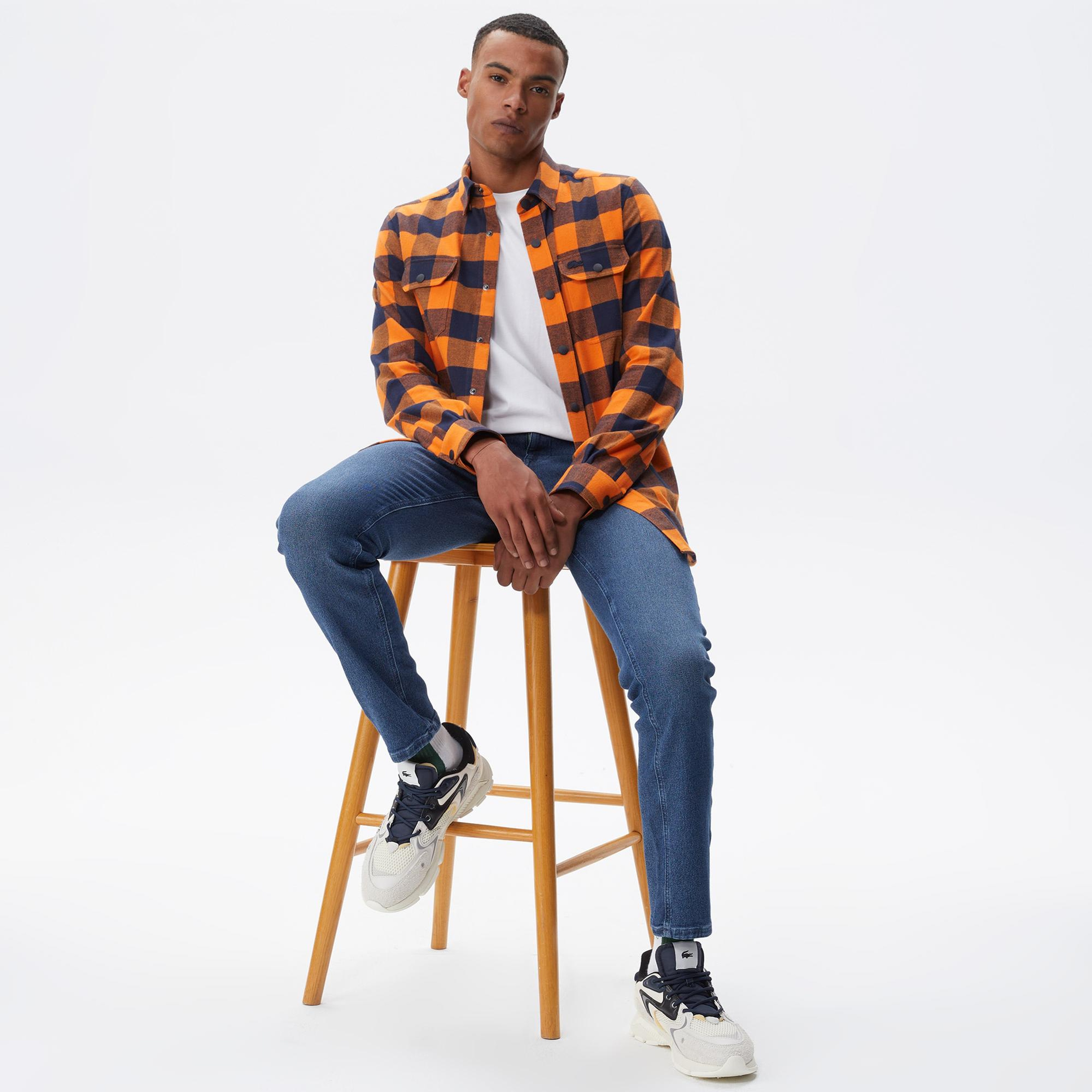 Erkek Slim Fit Ekose Lacivert Gömlek