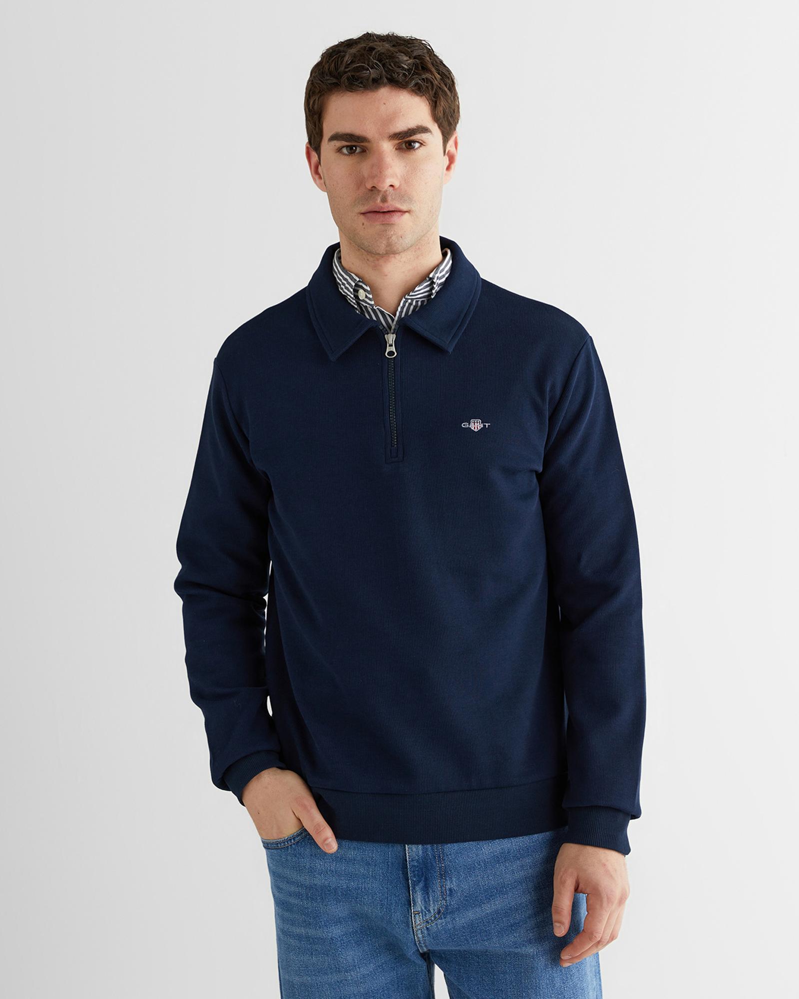 GANT Erkek Mavi Regular Fit Yarım Fermuarlı Logolu Sweatshirt