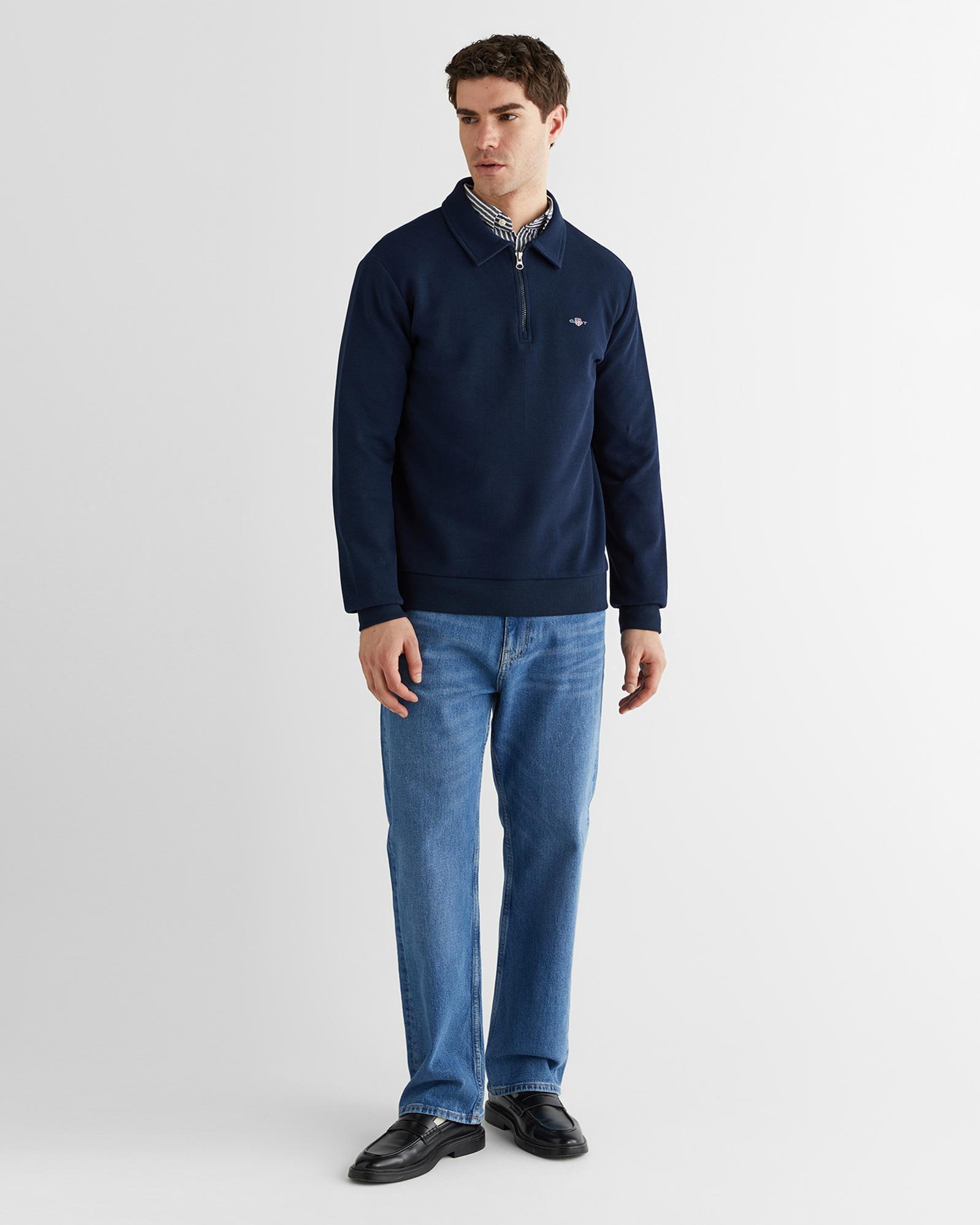 GANT Erkek Mavi Regular Fit Yarım Fermuarlı Logolu Sweatshirt
