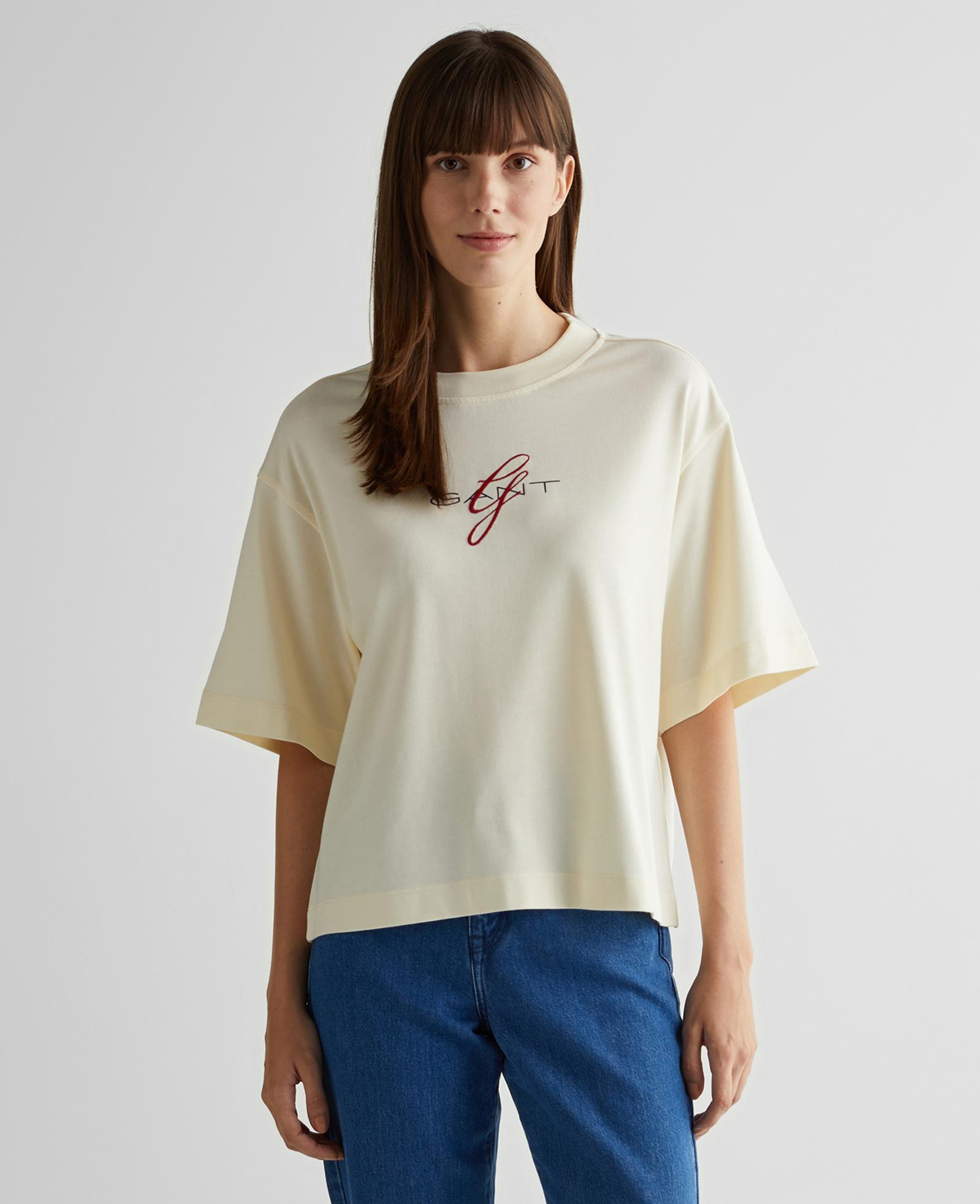 GANT Kadın Krem Relaxed Fit Bisiklet Yaka Logolu T-Shirt