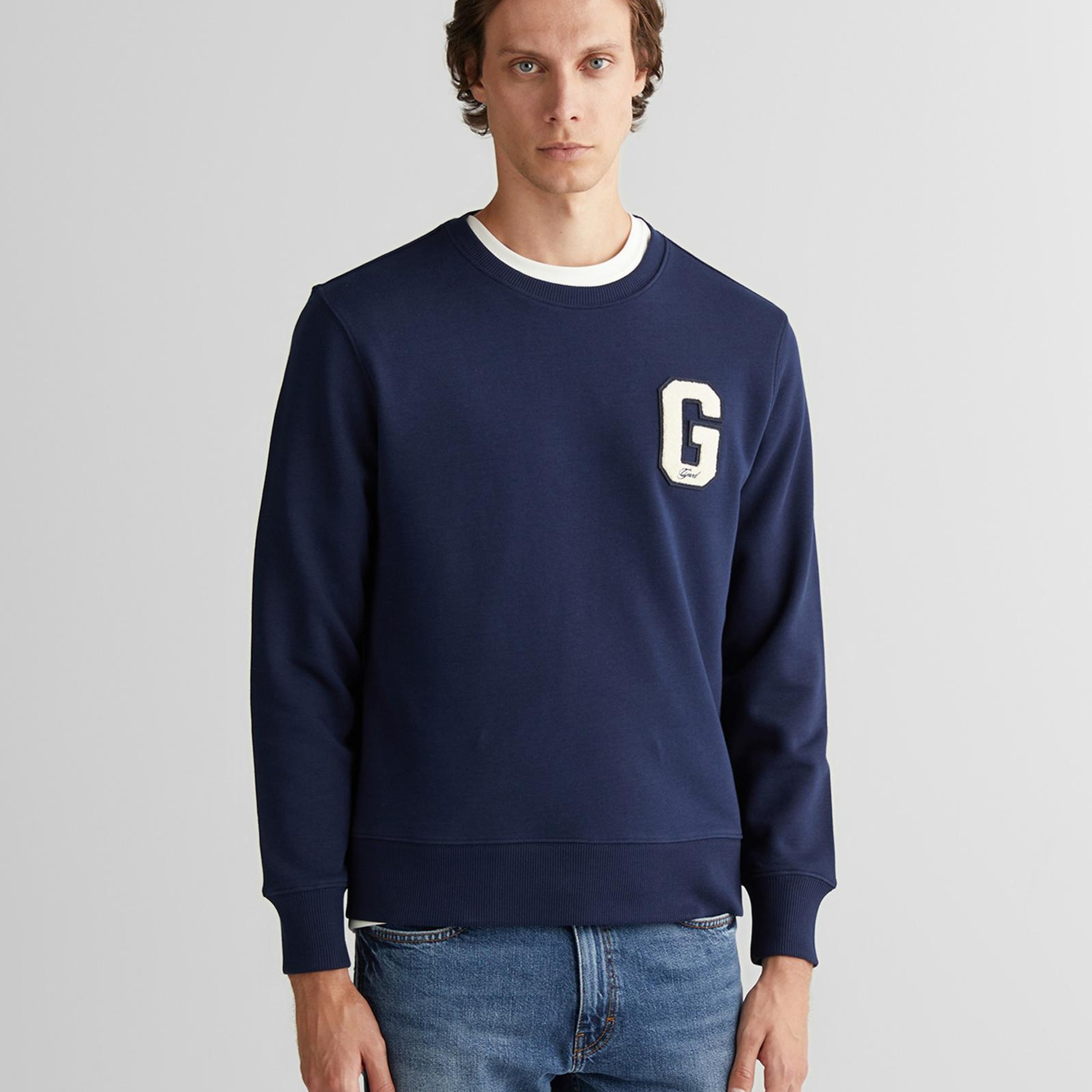 GANT Erkek Lacivert Regular Fit Bisiklet Yaka Logolu Sweatshirt