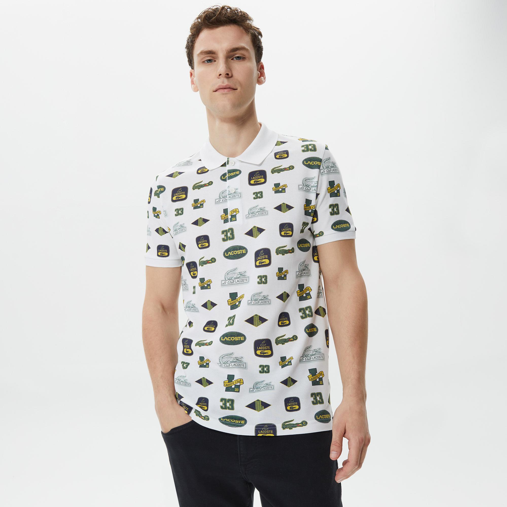 Erkek Slim Fit Baskılı Beyaz Polo