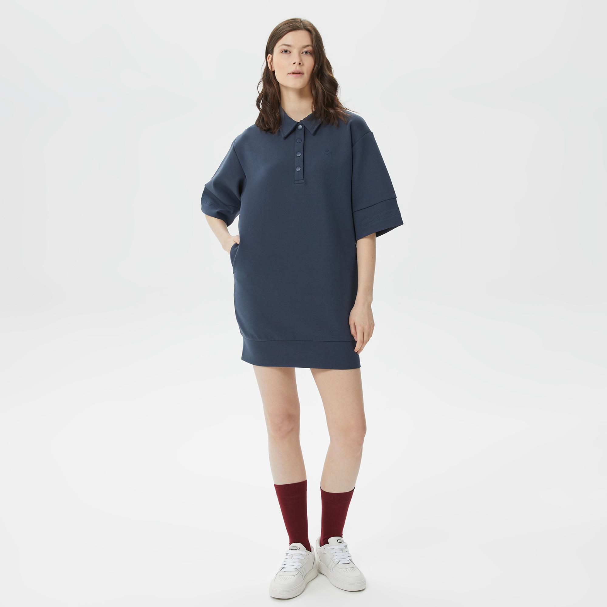 Kadın Loose Fit Kısa Kollu Polo Yaka Lacivert Elbise