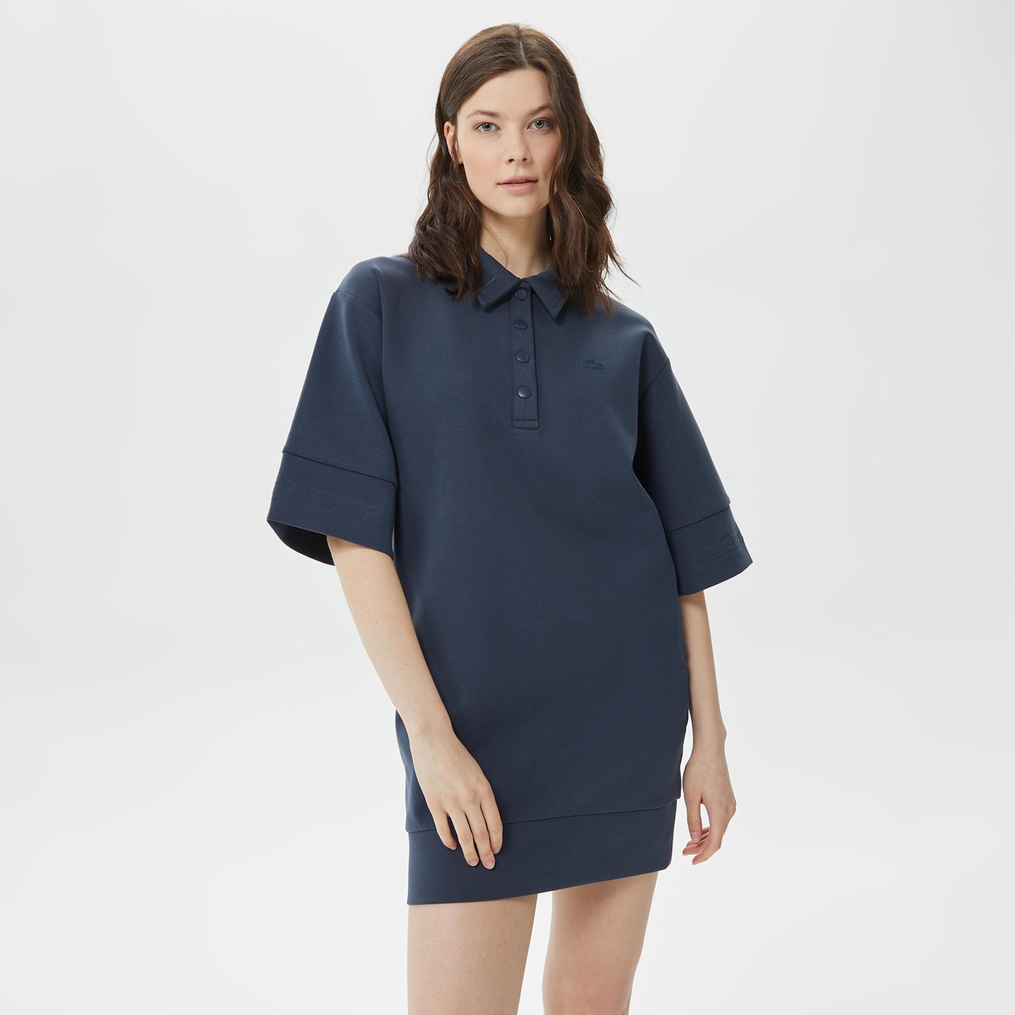 Kadın Loose Fit Kısa Kollu Polo Yaka Lacivert Elbise