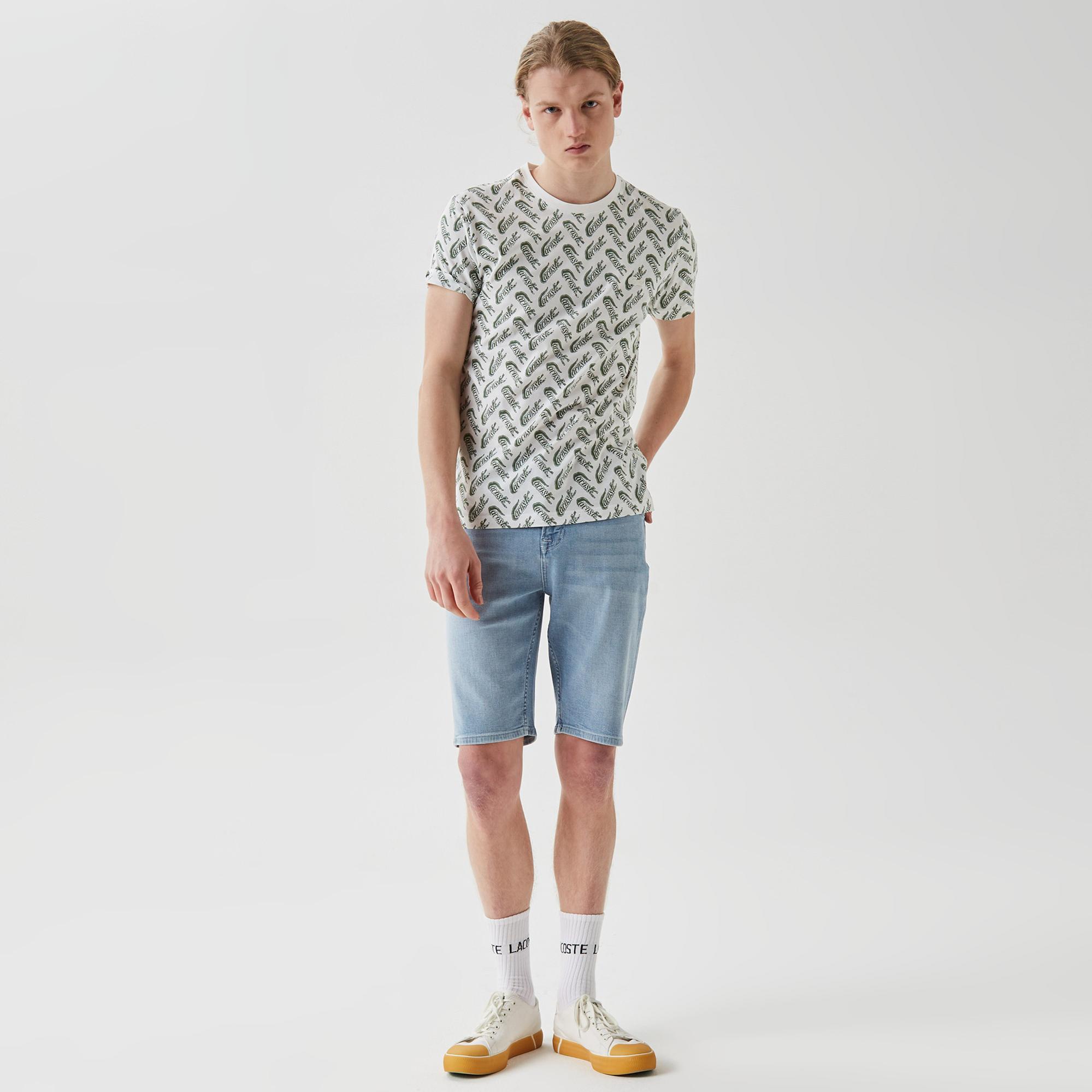 Erkek Slim Fit Bisiklet Yaka Desenli Beyaz T-Shirt