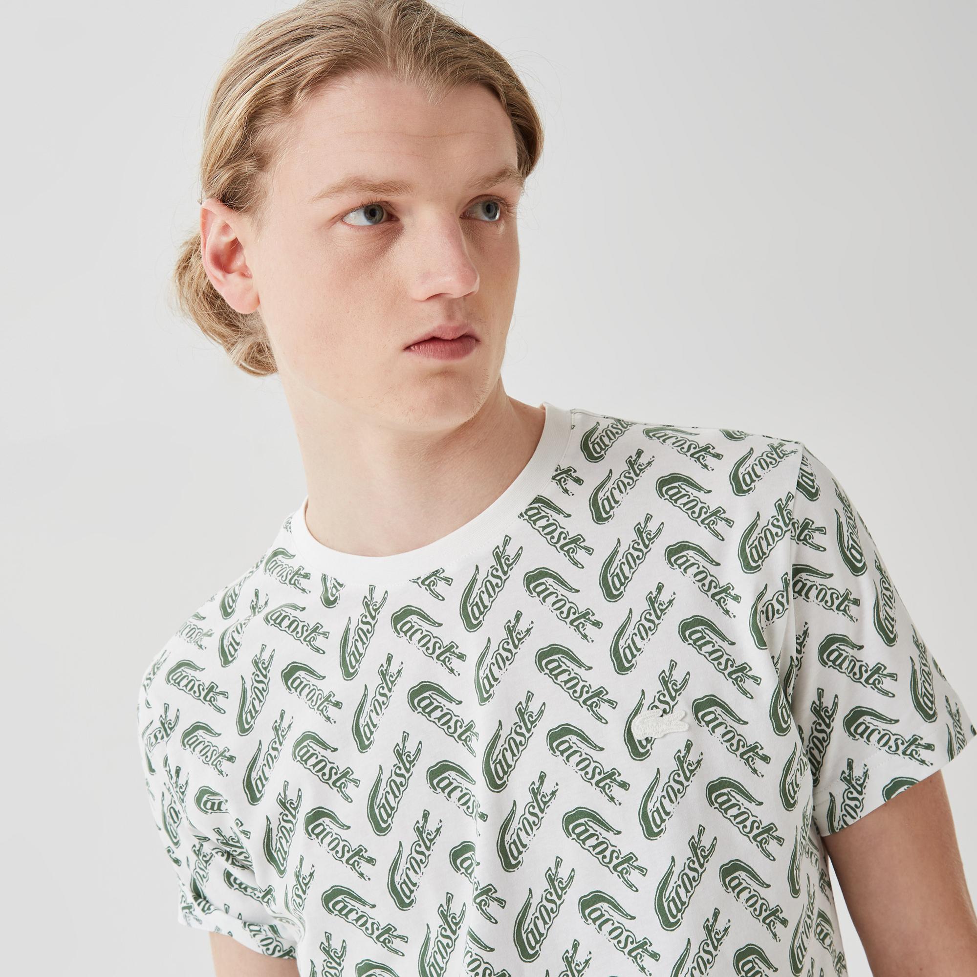 Erkek Slim Fit Bisiklet Yaka Desenli Beyaz T-Shirt