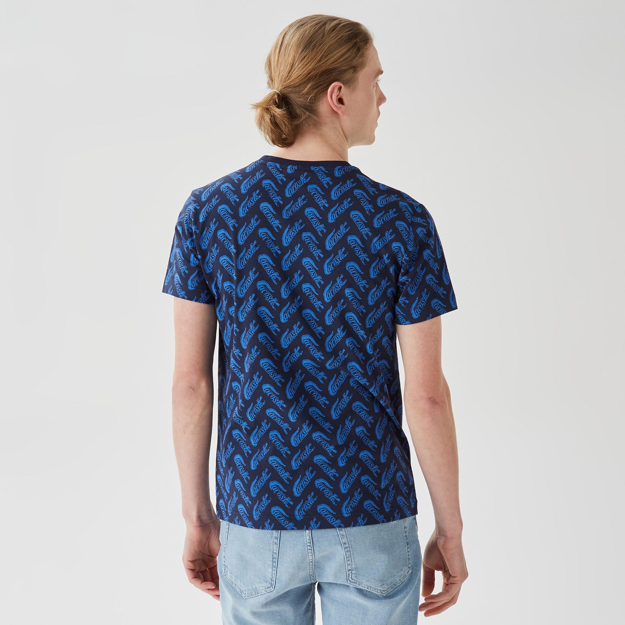 Erkek Slim Fit Bisiklet Yaka Desenli Lacivert T-Shirt