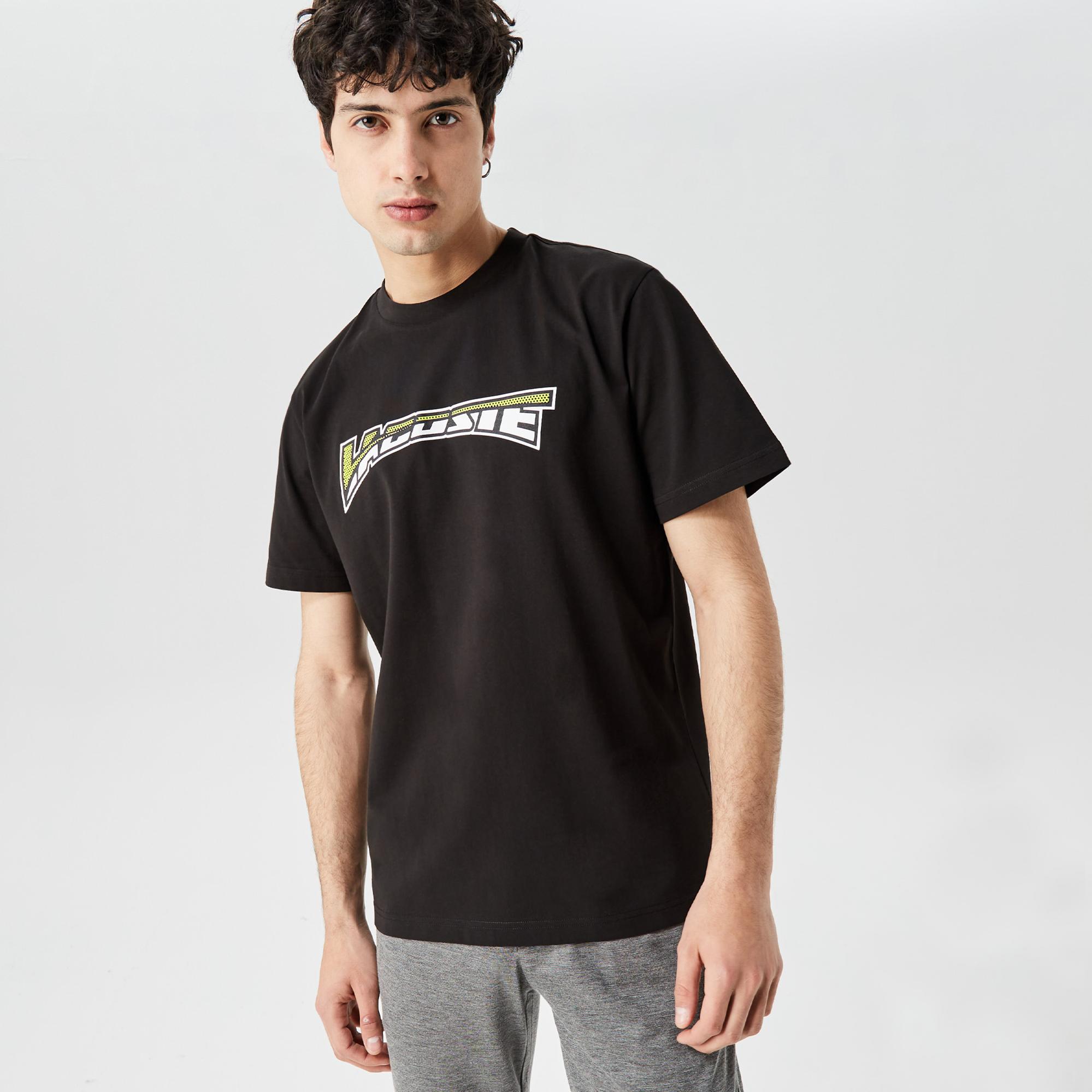 Erkek Relaxed Fit Bisiklet Yaka Baskılı Siyah T-Shirt