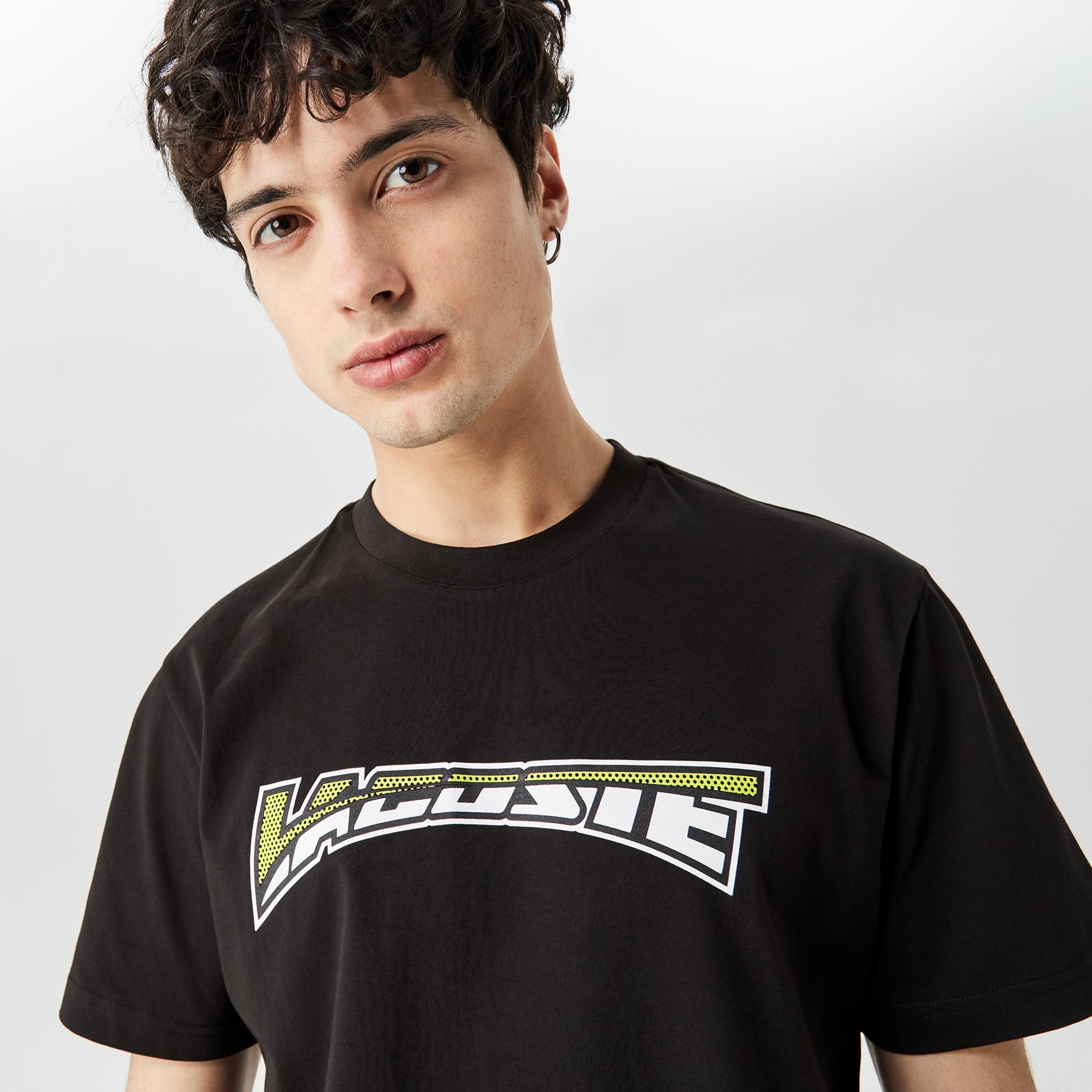 Erkek Relaxed Fit Bisiklet Yaka Baskılı Siyah T-Shirt