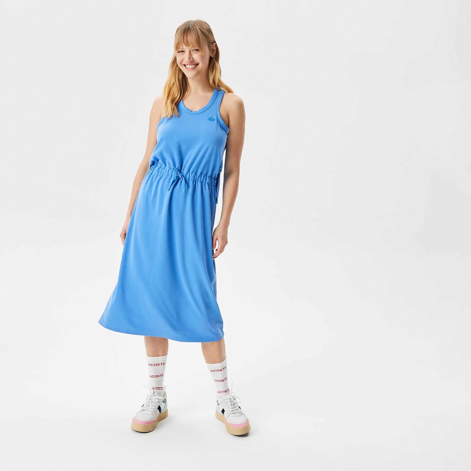 Kadın Loose Fit Kolsuz V Yaka Mavi Elbise