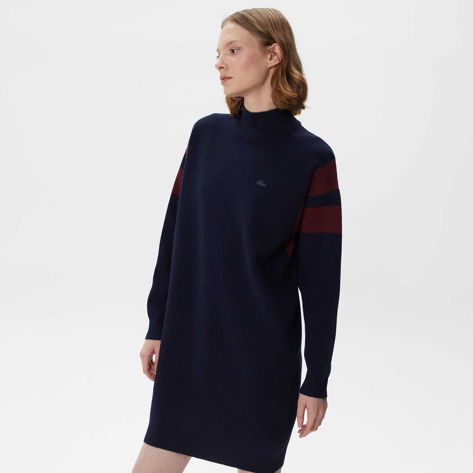 Kadın Loose Fit Uzun Kollu Bisiklet Yaka Lacivert Elbise