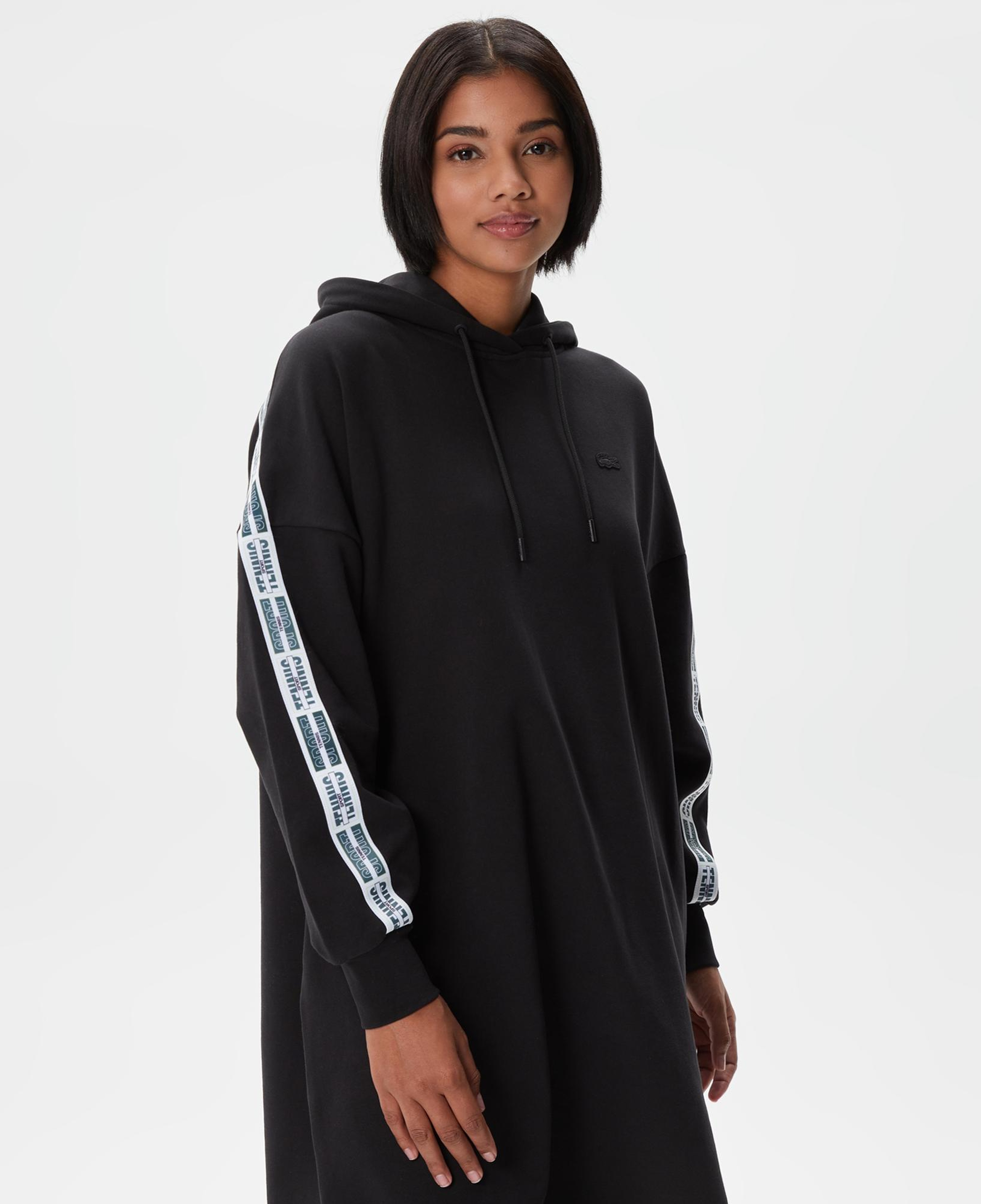 Kadın Loose Fit Truvakar Kollu Kapüşonlu Baskılı Siyah Elbise