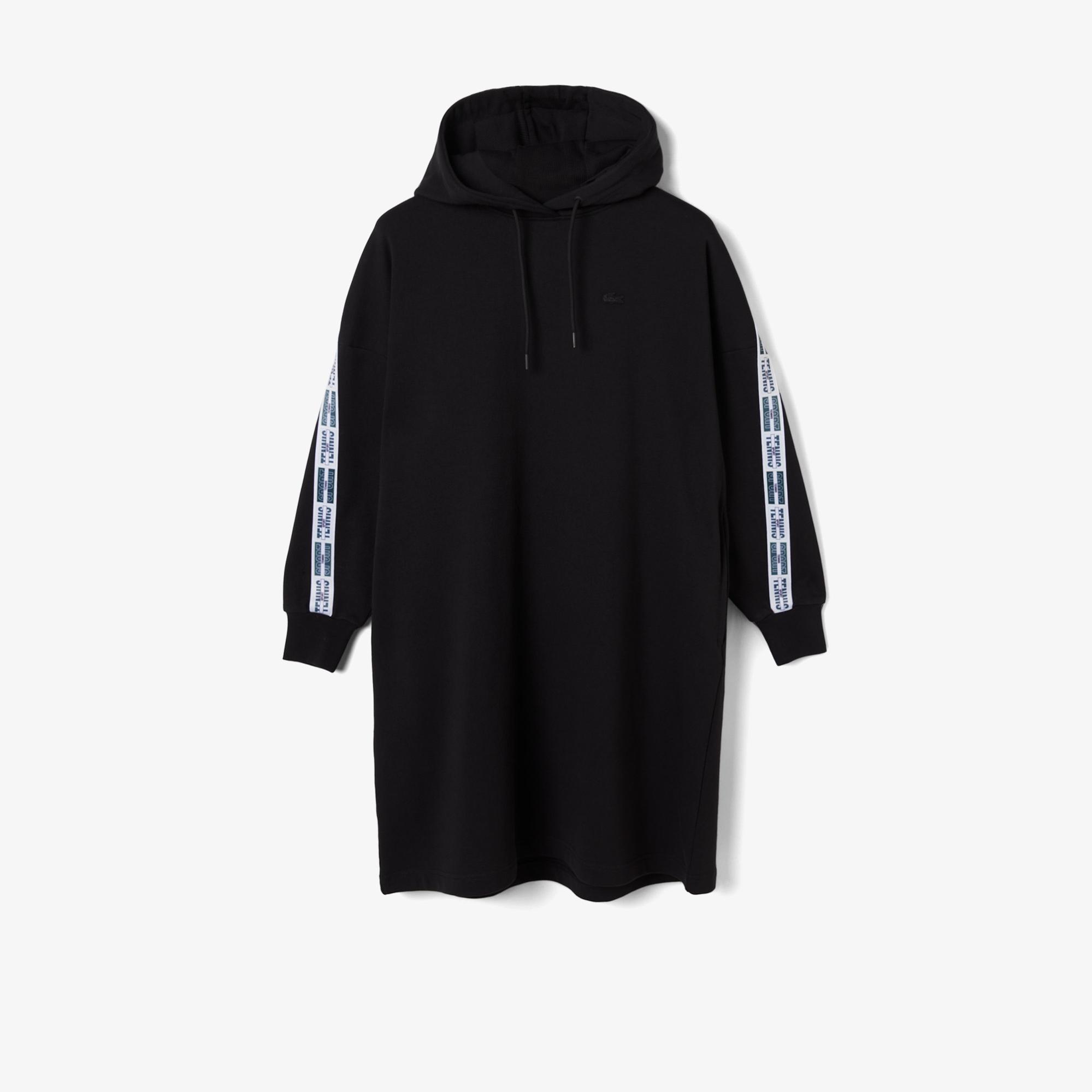 Kadın Loose Fit Truvakar Kollu Kapüşonlu Baskılı Siyah Elbise