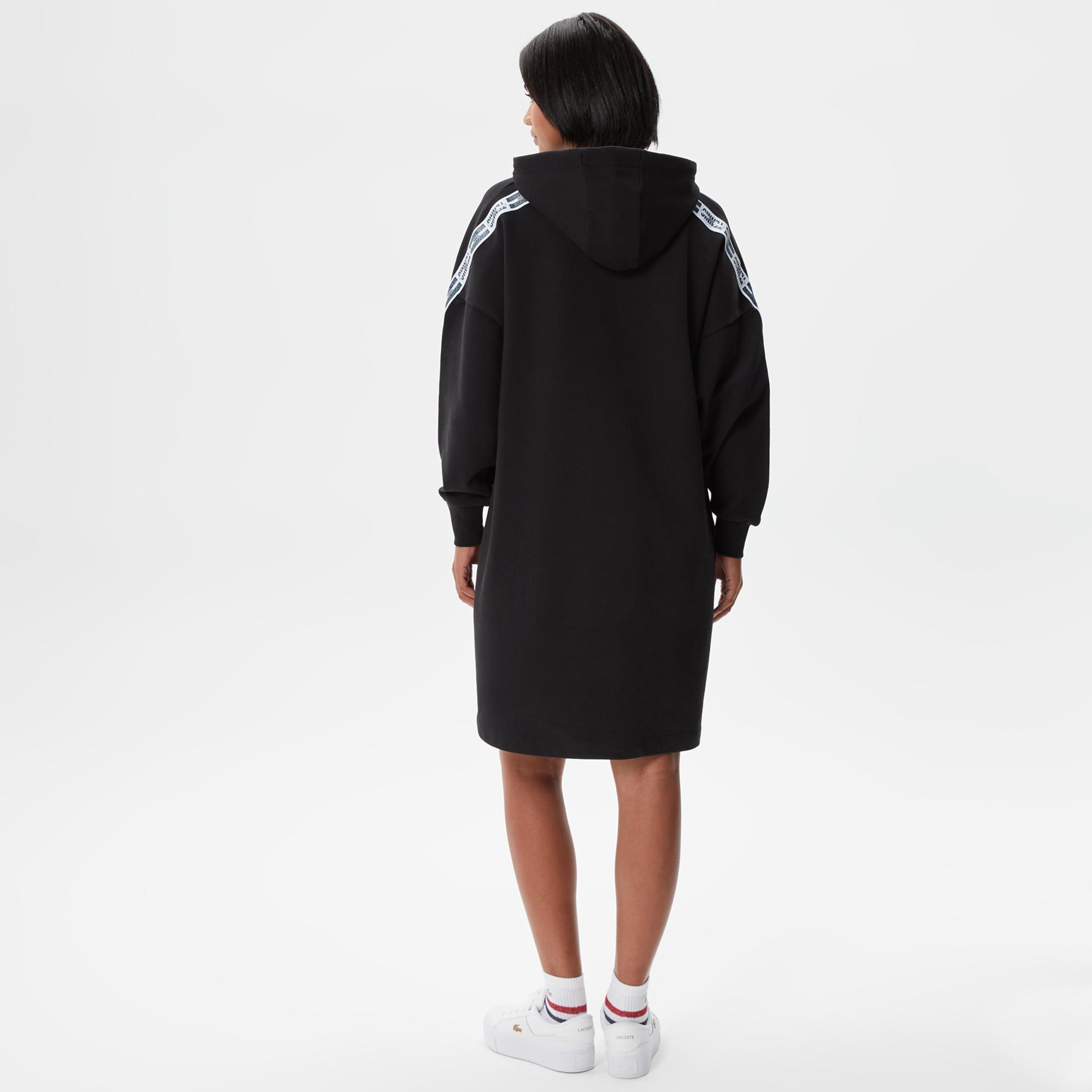 Kadın Loose Fit Truvakar Kollu Kapüşonlu Baskılı Siyah Elbise