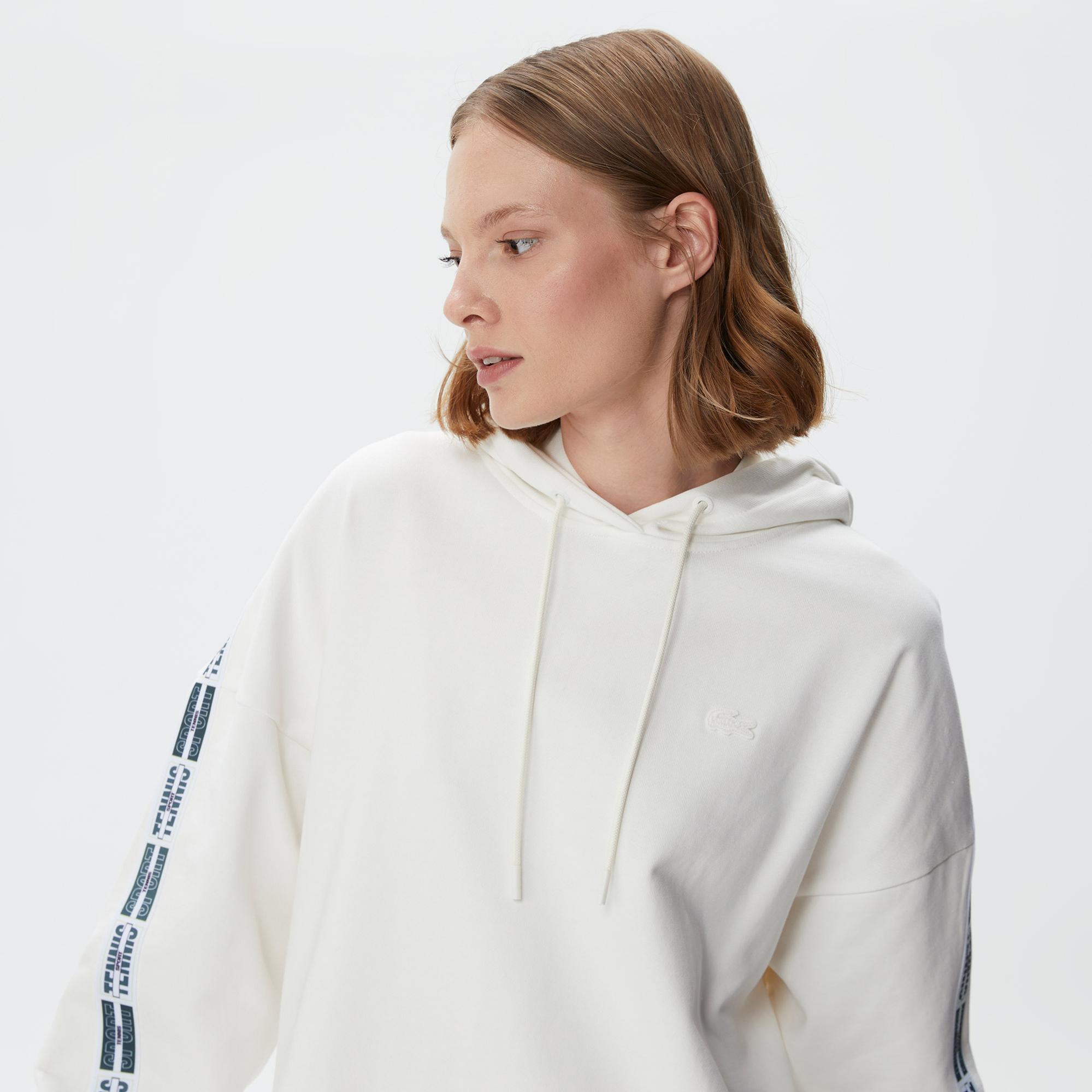 Kadın Loose Fit Truvakar Kollu Kapüşonlu Baskılı Beyaz Elbise