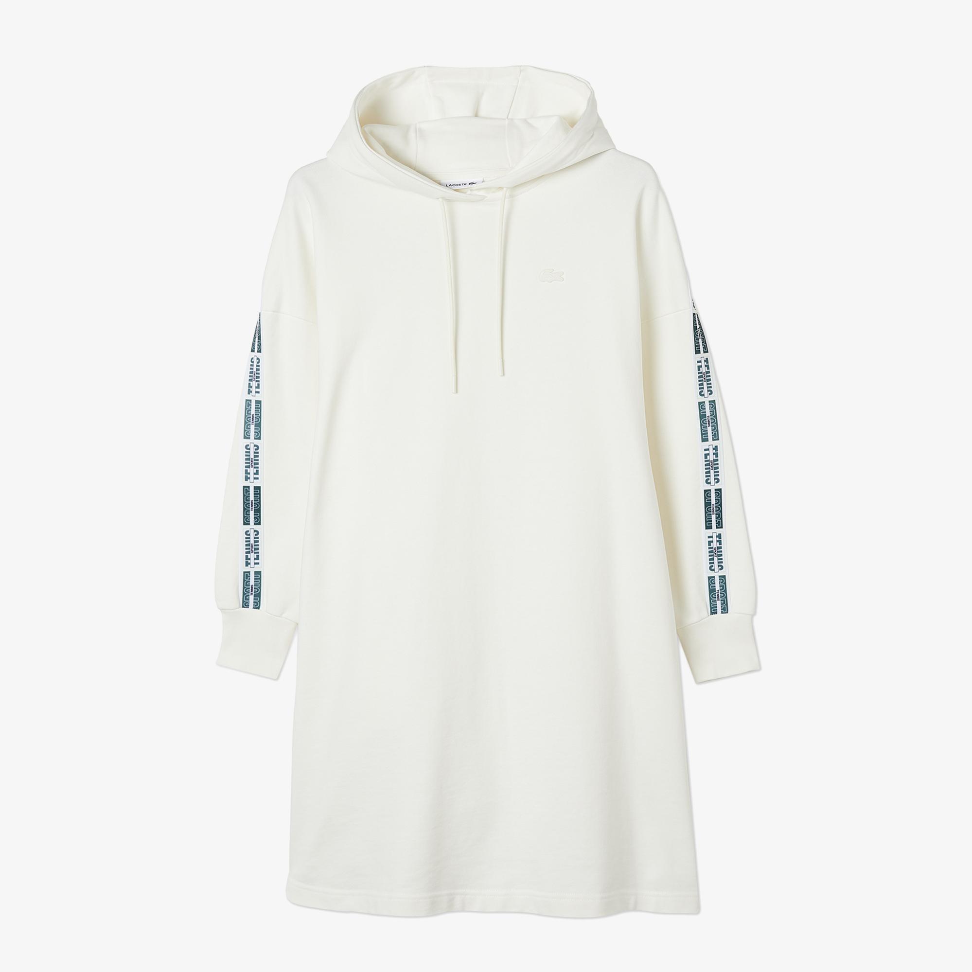 Kadın Loose Fit Truvakar Kollu Kapüşonlu Baskılı Beyaz Elbise