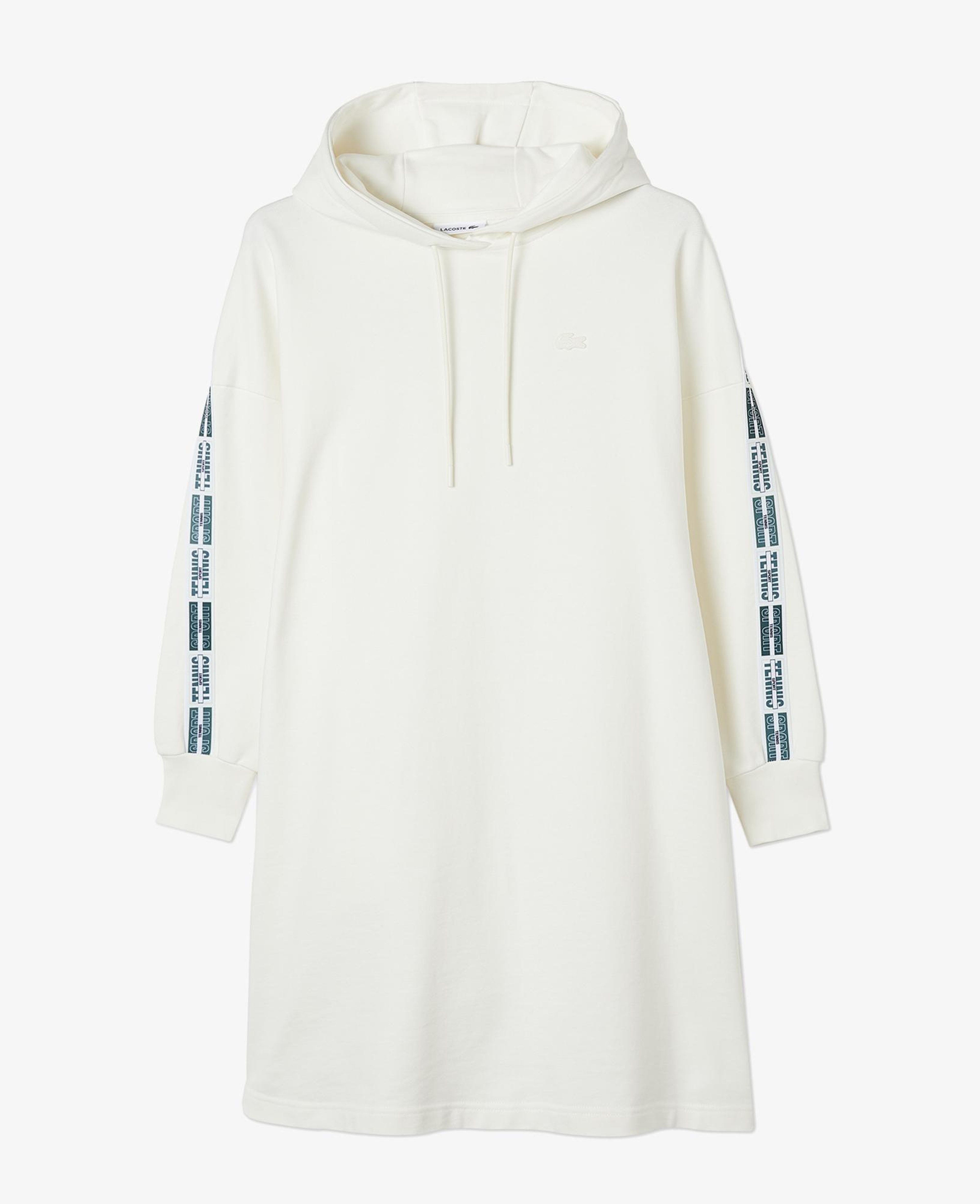 Kadın Loose Fit Truvakar Kollu Kapüşonlu Baskılı Beyaz Elbise