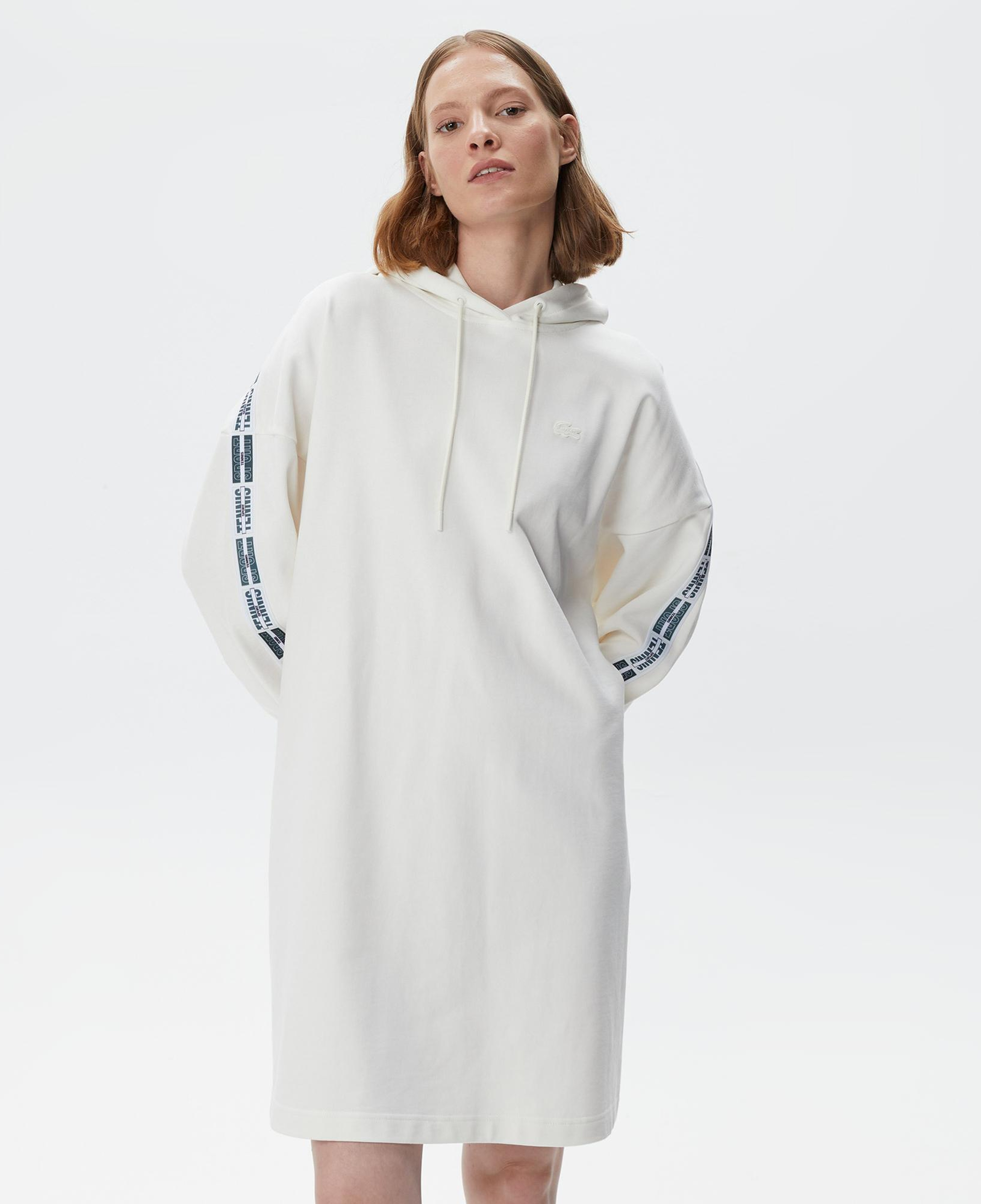 Kadın Loose Fit Truvakar Kollu Kapüşonlu Baskılı Beyaz Elbise