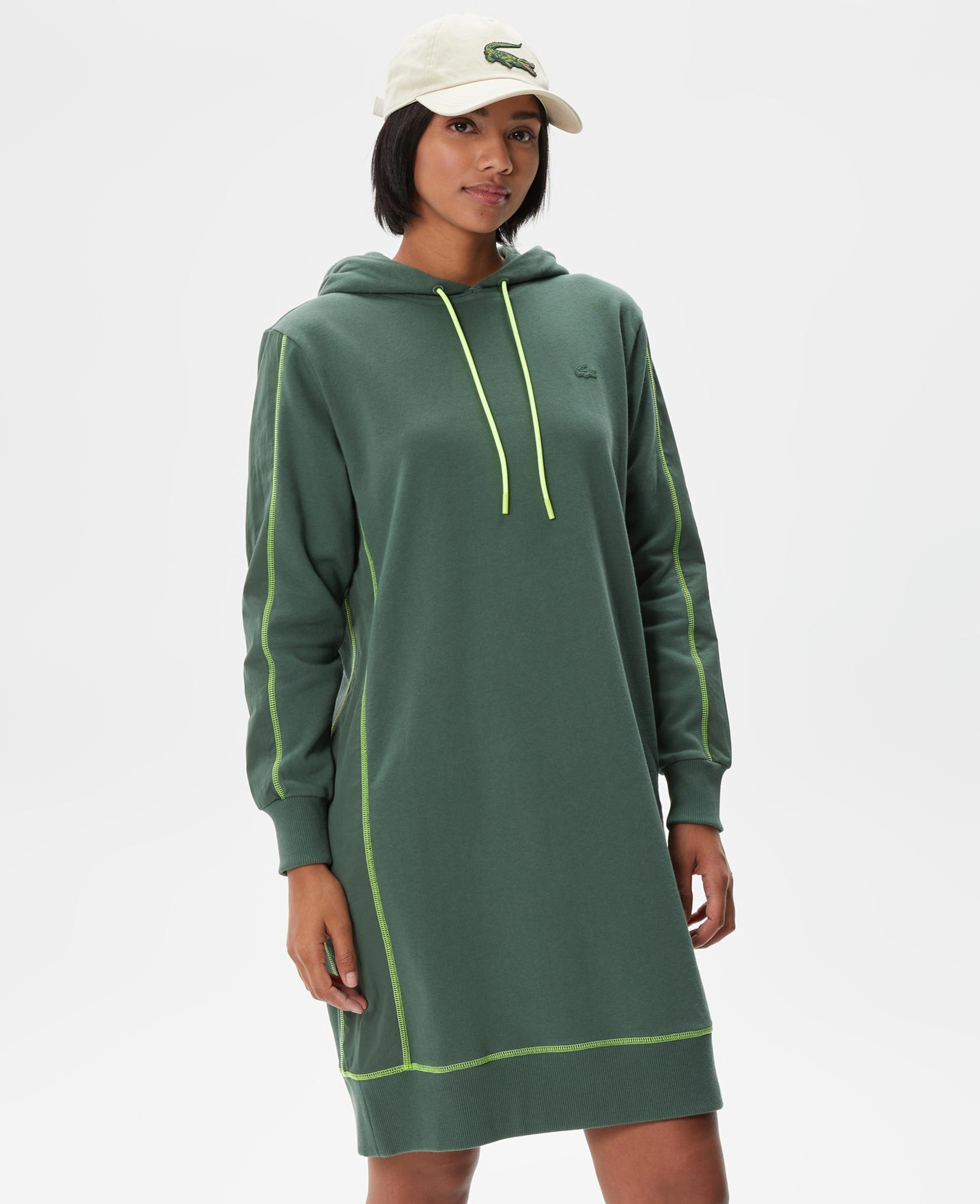 Kadın Loose Fit Uzun Kollu Kapüşonlu Desenli Haki Elbise