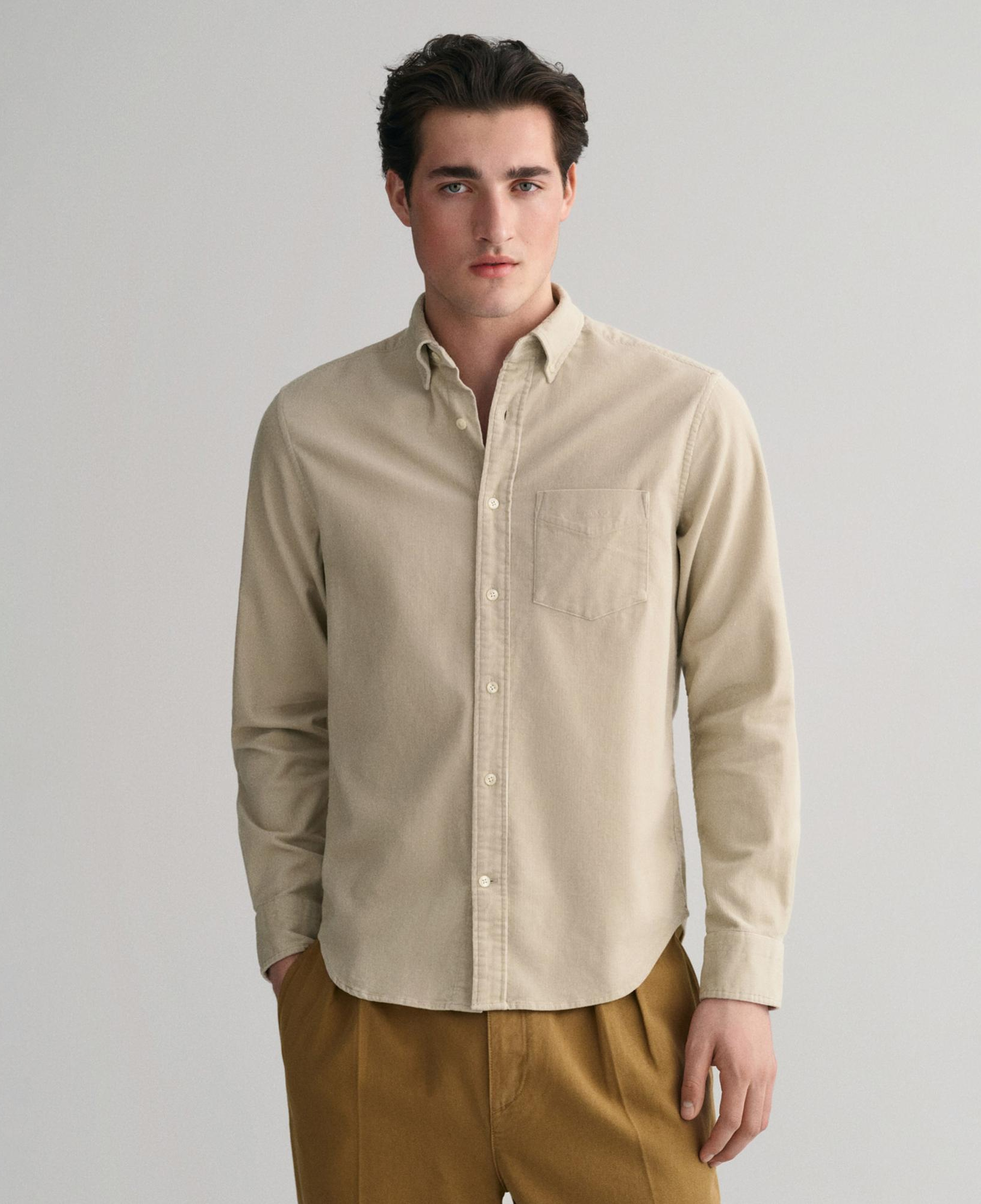 Gant Erkek Bej Regular Fit Düğmeli Yaka Kadife Gömlek