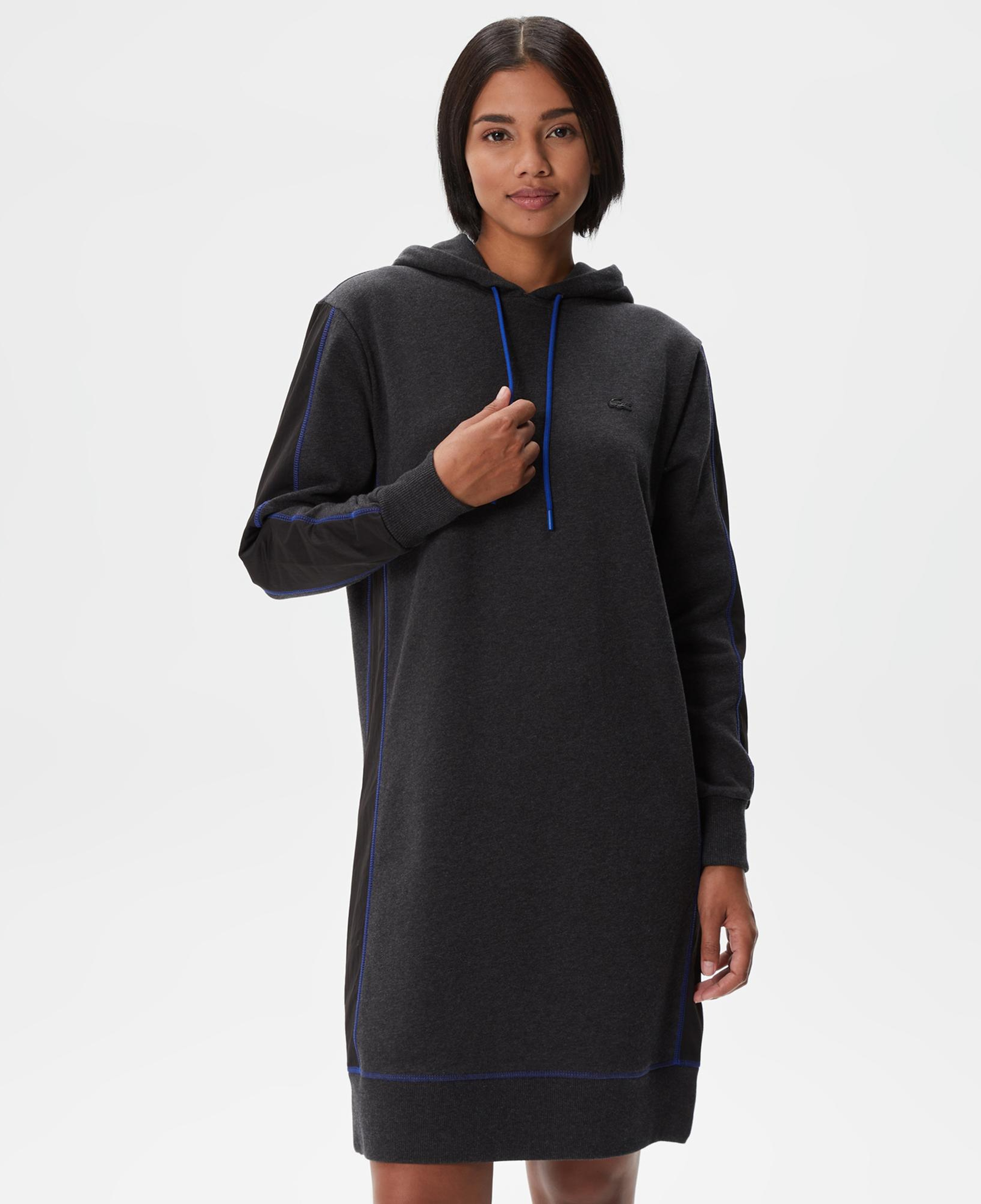 Kadın Loose Fit Uzun Kollu Kapüşonlu Desenli Siyah Elbise