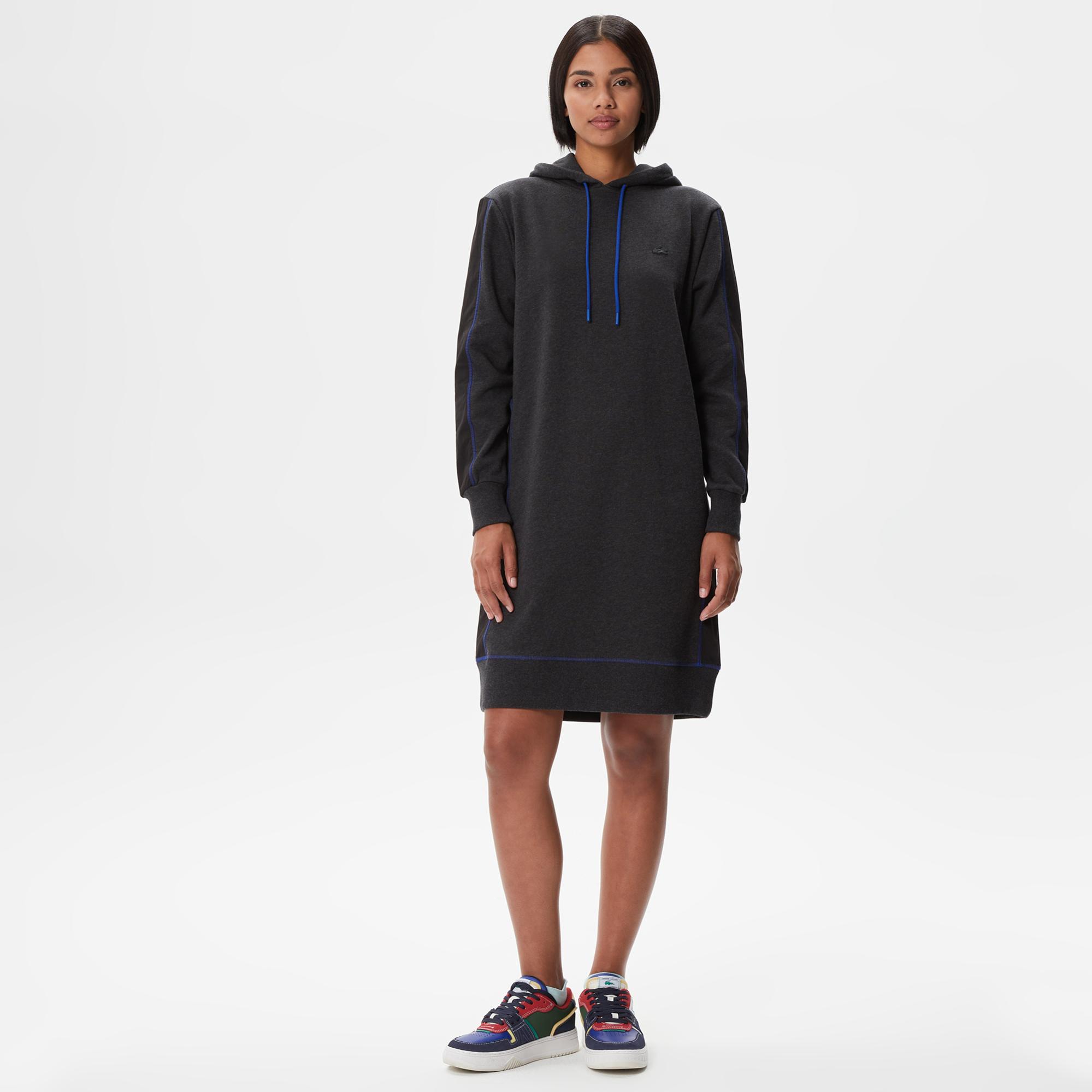 Kadın Loose Fit Uzun Kollu Kapüşonlu Desenli Siyah Elbise