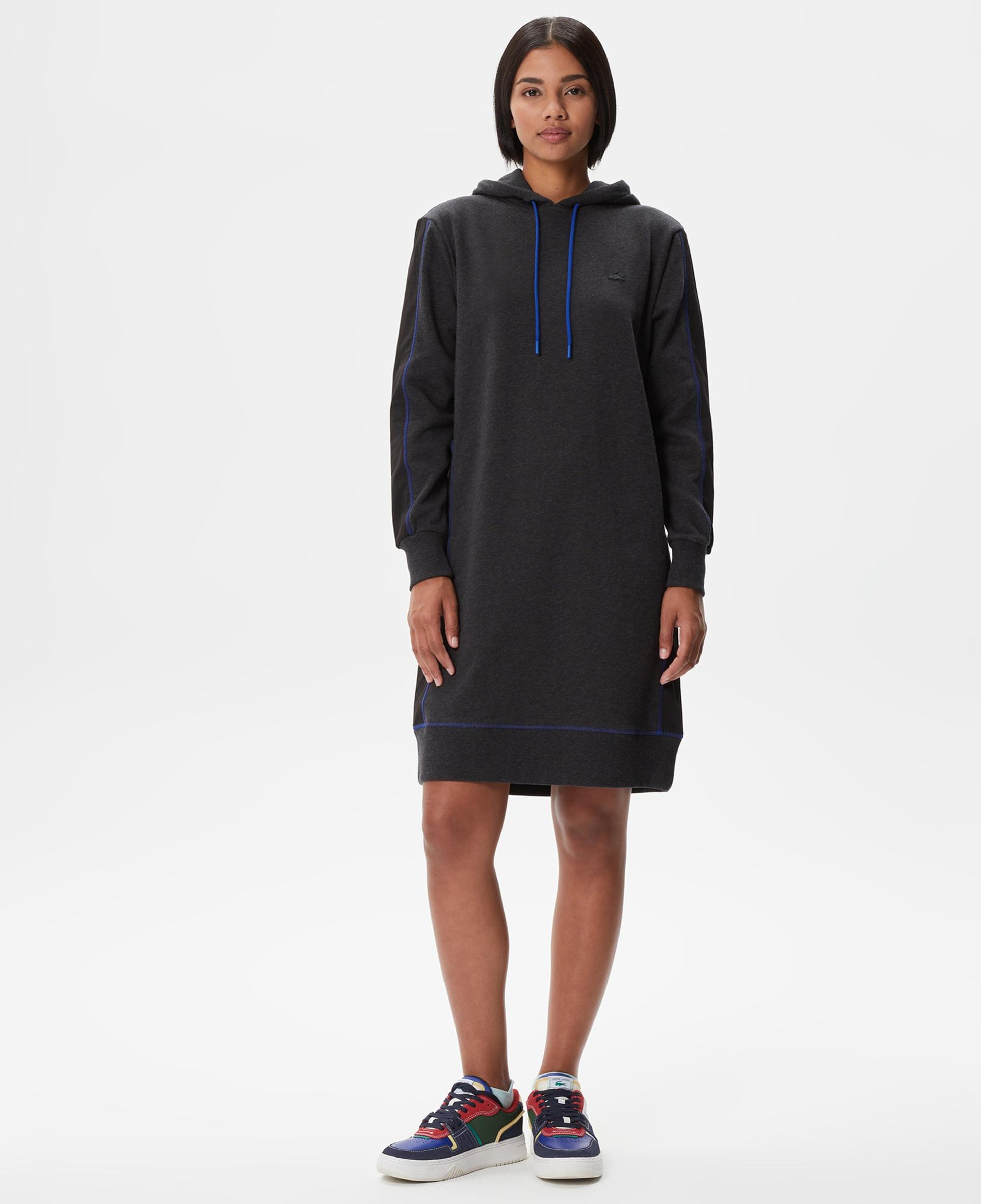 Kadın Loose Fit Uzun Kollu Kapüşonlu Desenli Siyah Elbise