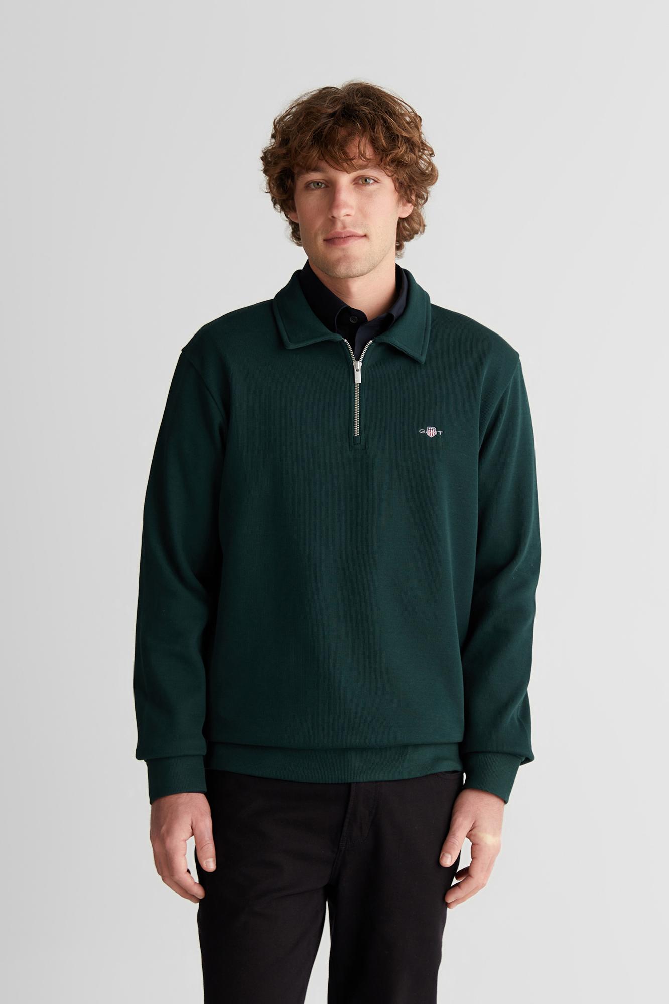 GANT Erkek Yeşil Regular Fit Yarım Fermuarlı Logolu Sweatshirt
