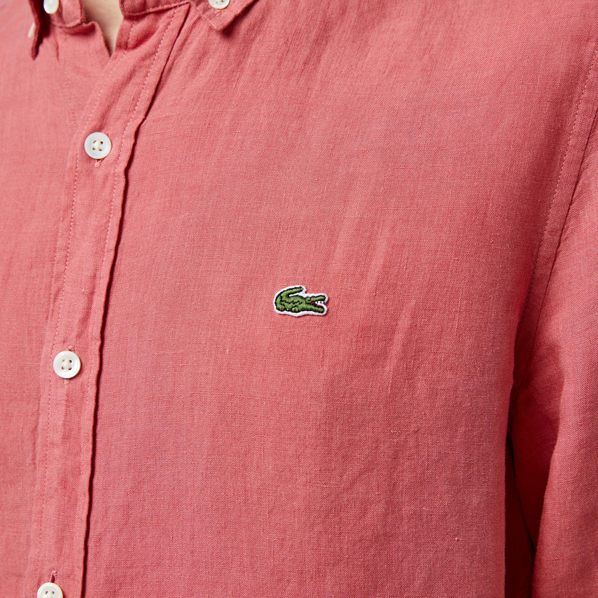 Lacoste Erkek Regular Fit Düğmeli Yaka Keten Pembe Gömlek
