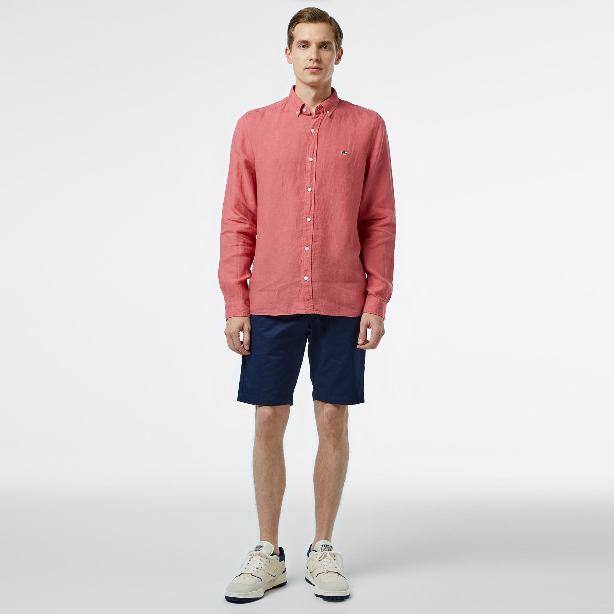 Lacoste Erkek Regular Fit Düğmeli Yaka Keten Pembe Gömlek