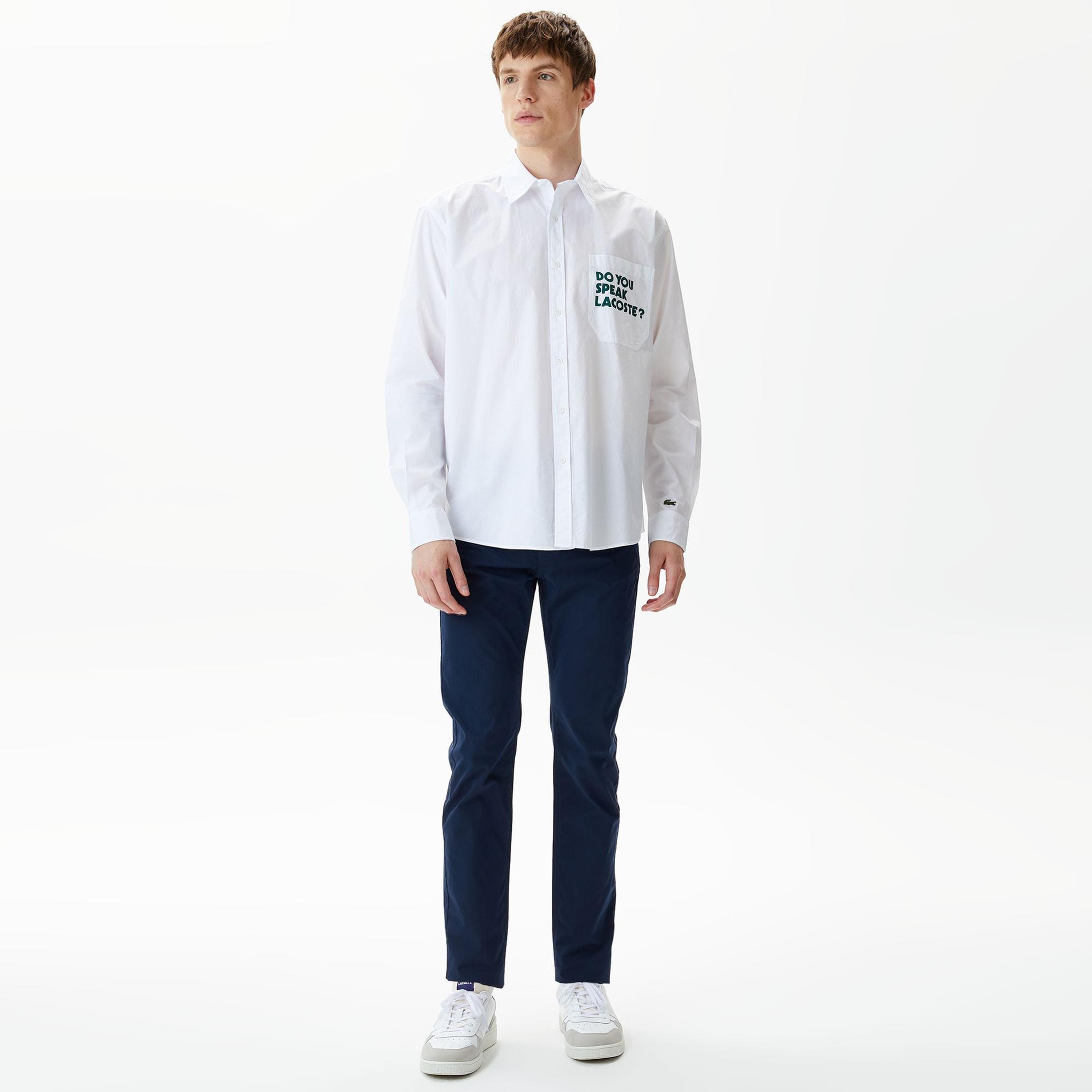 Erkek Loose Fit Baskılı Beyaz Gömlek