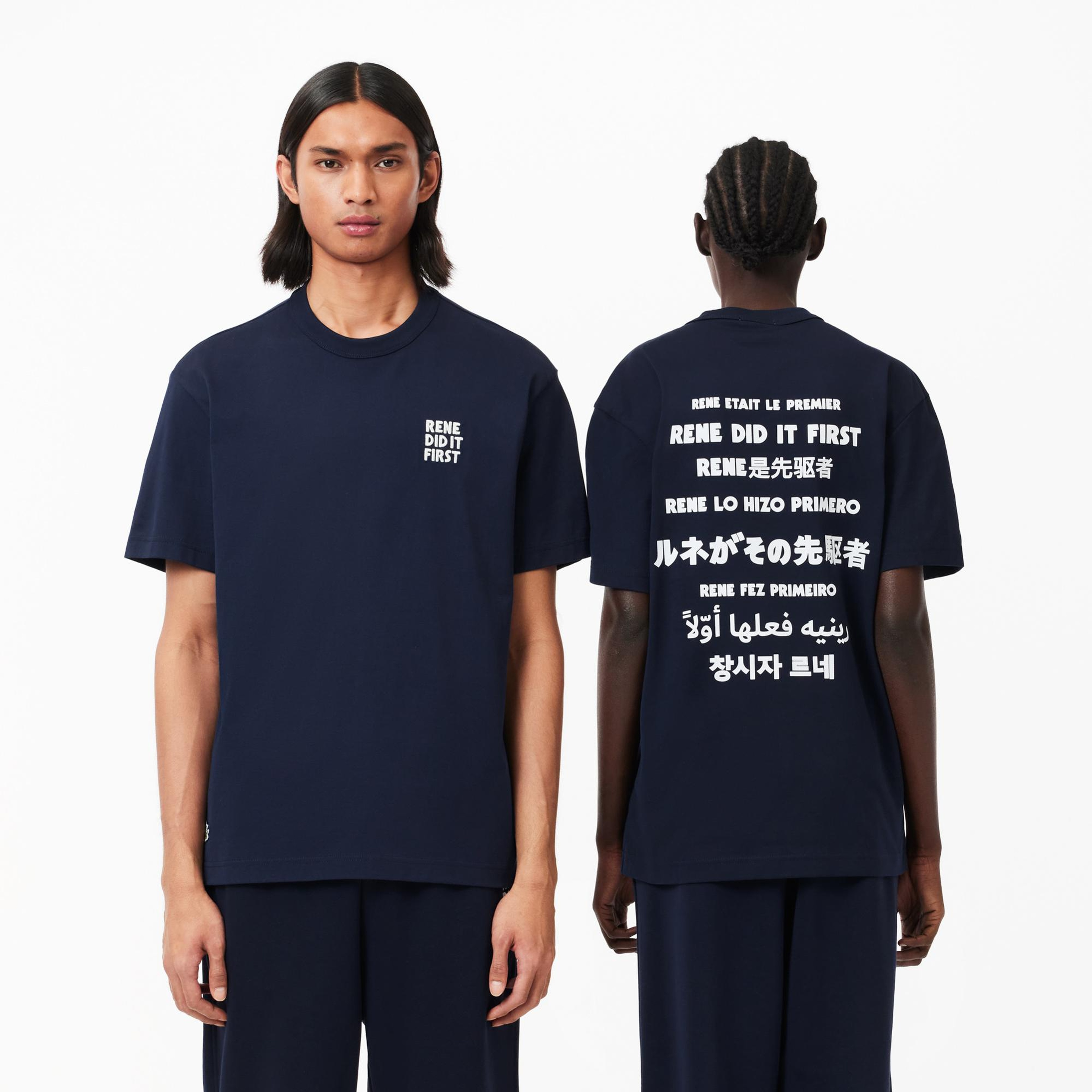 Unisex Classic Fit Bisiklet Yaka Baskılı Lacivert T-Shirt