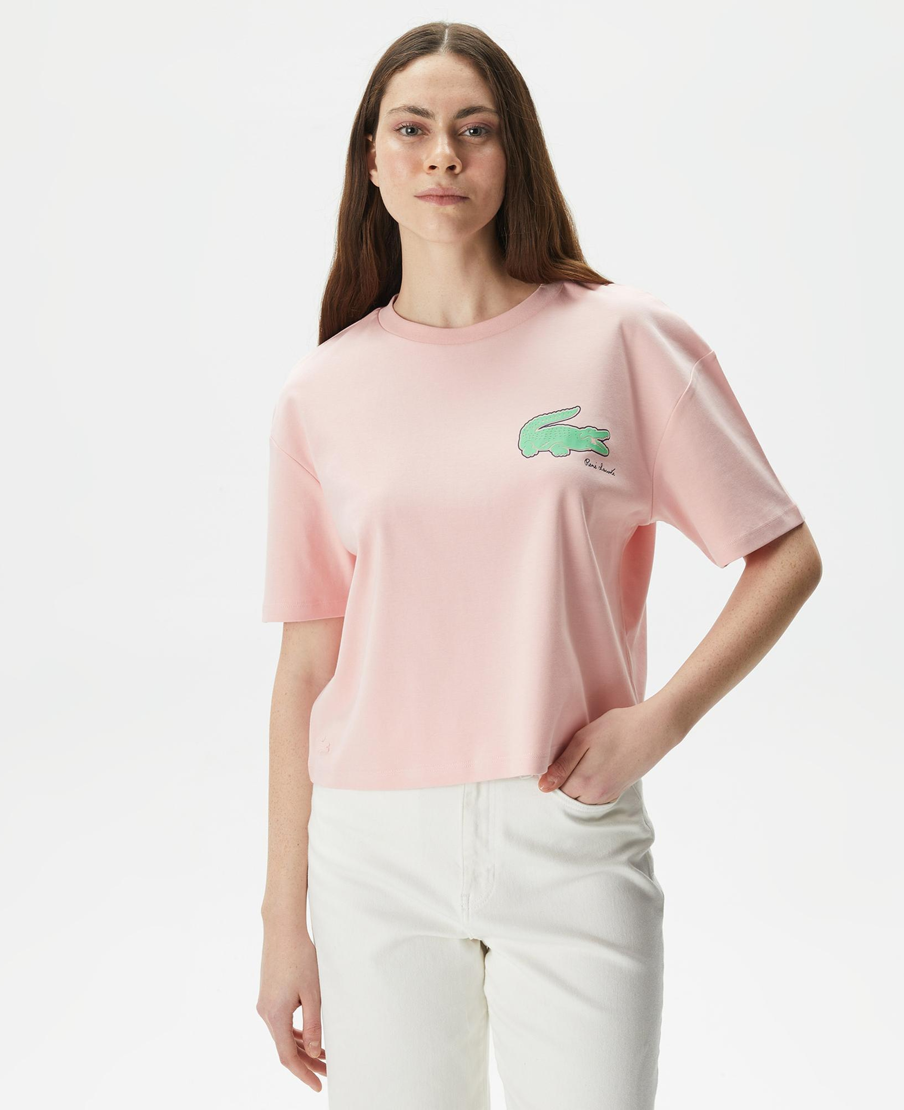 Kadın Loose Fit Bisiklet Yaka Baskılı Organik Pamuk Pembe T-Shirt